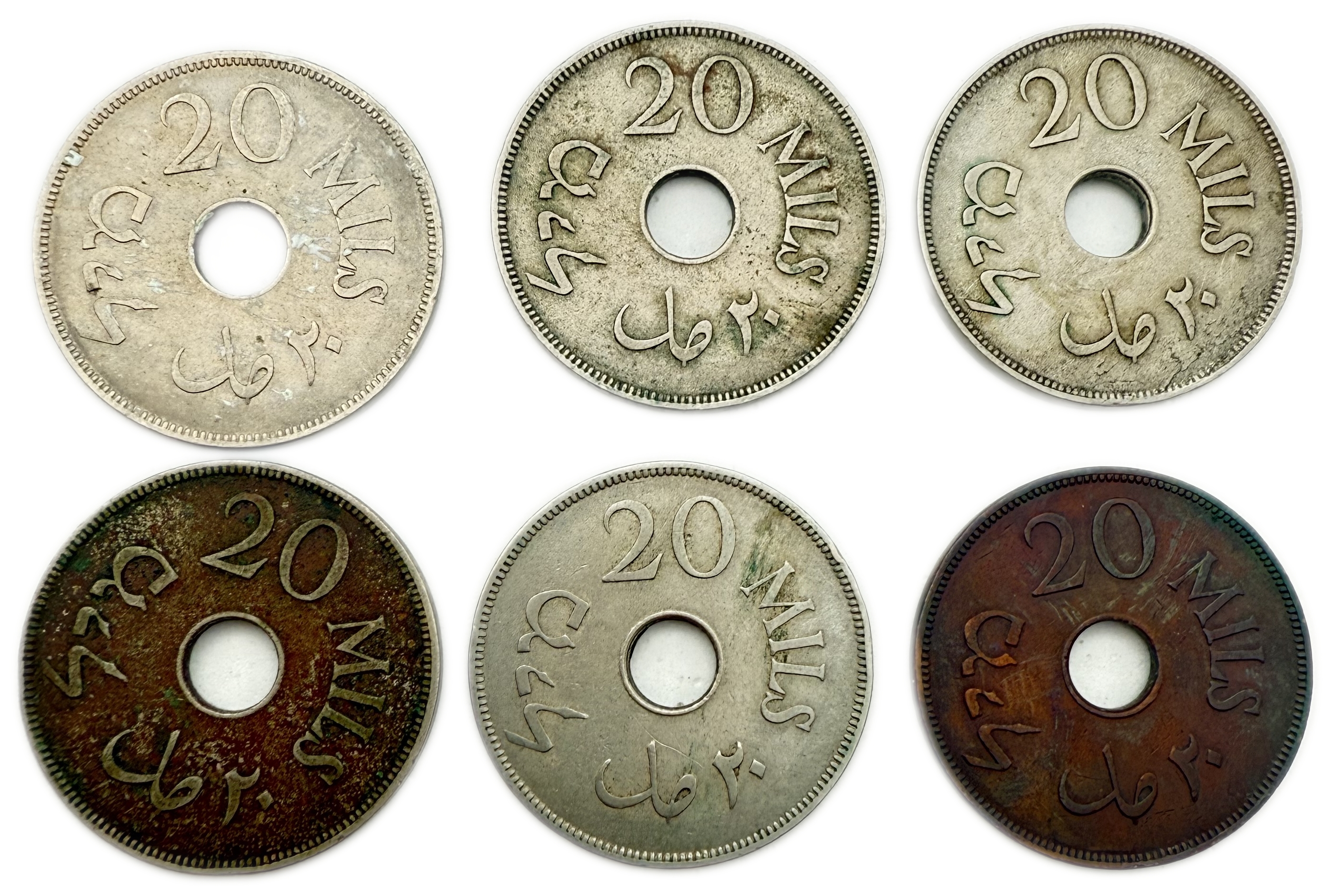 Palestine – Lot of 6 coins of 20 Mils 1927, 1933, 1935, 1940, 1942 – F-VF - 1 1