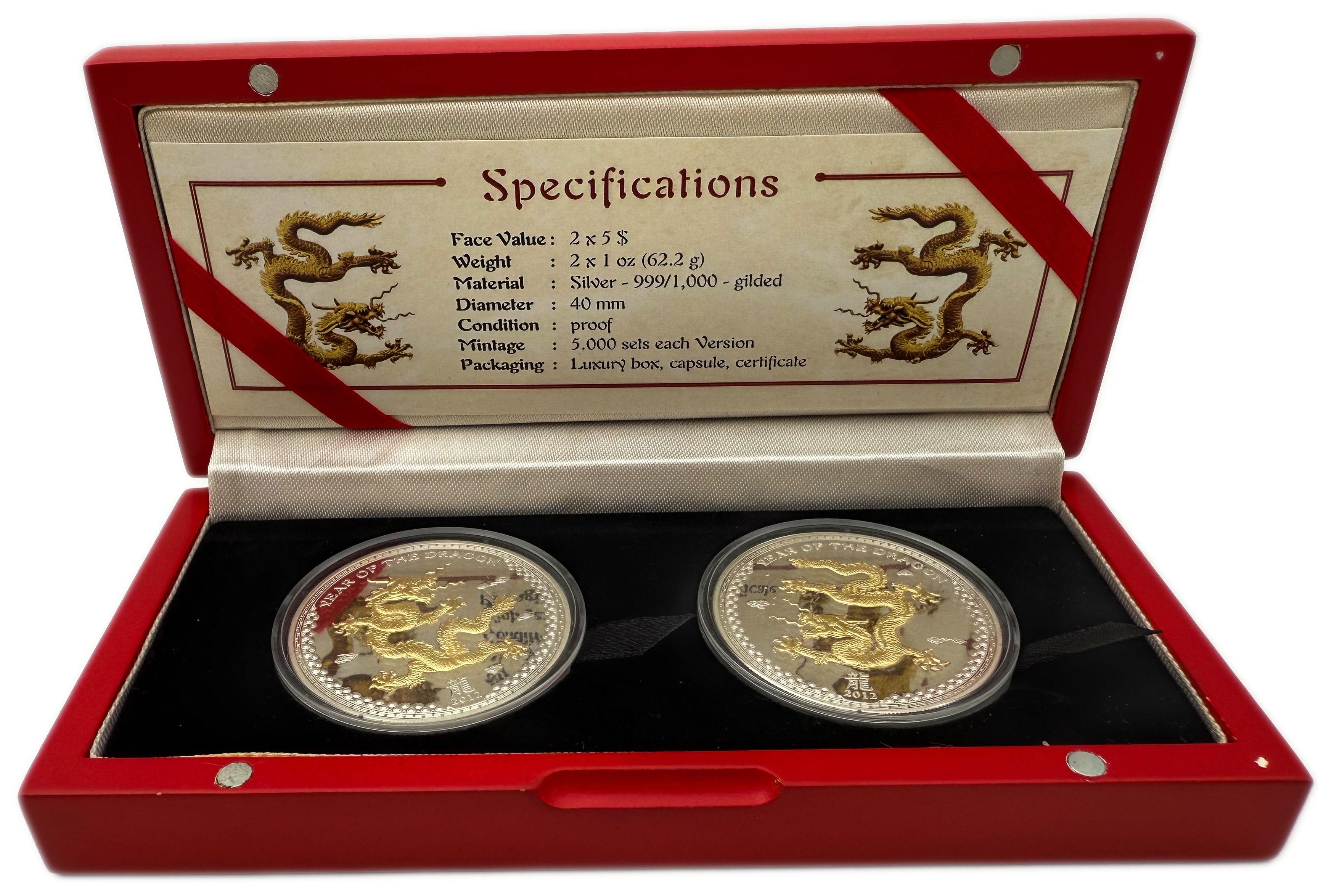 Palau - 5 Dollars 2012 - Year of the Dragon - Silver 999, 31.1g (Total NET 62.2g, 2 OZ), 40mm - 1 0