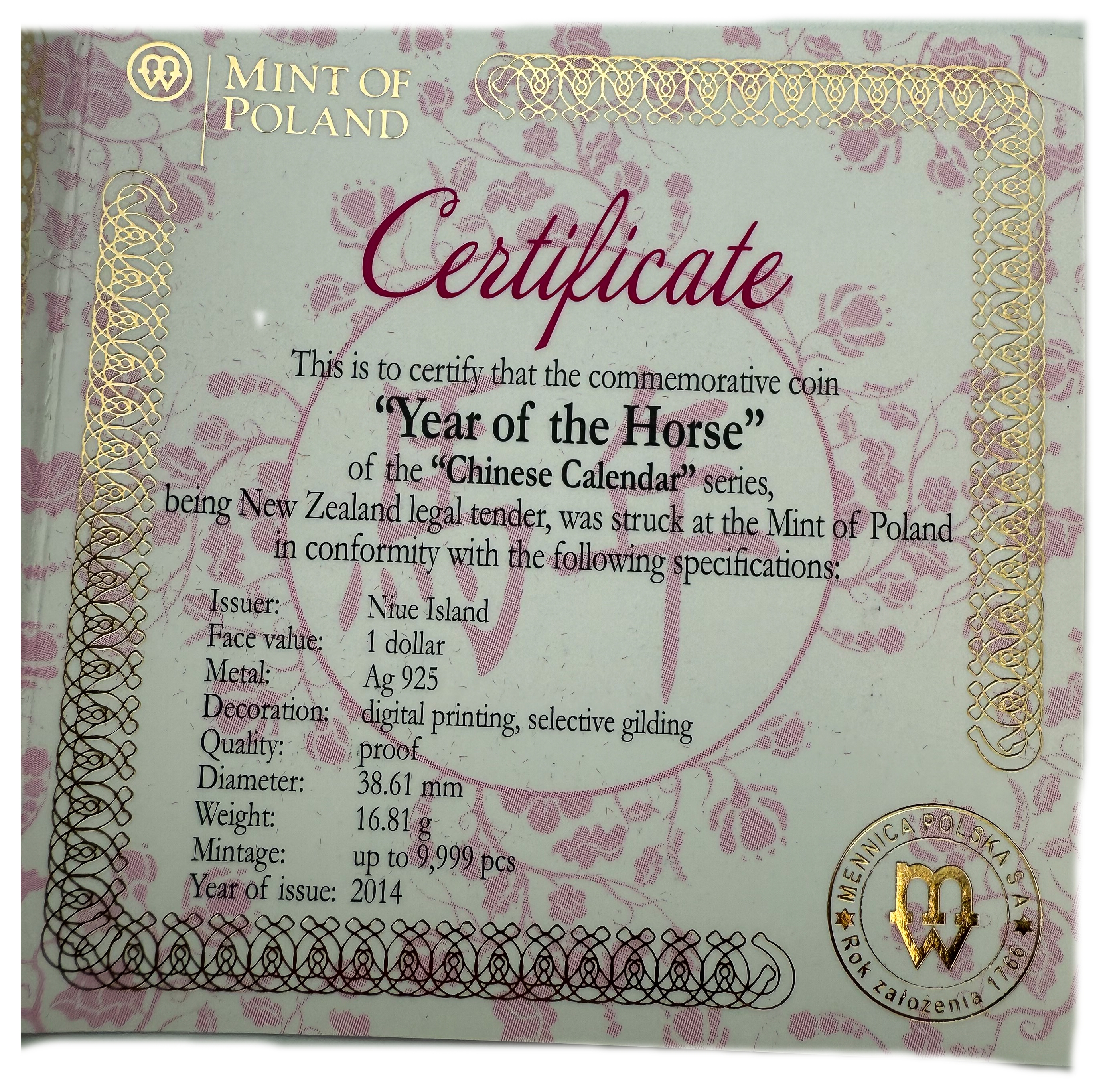 Niue - 1 Dollar 2014 - Year of the Hourse - Elizabeth II - Silver 925, 16.81g (NET 15.55g, 0.5 OZ), 38.6mm - 1 4