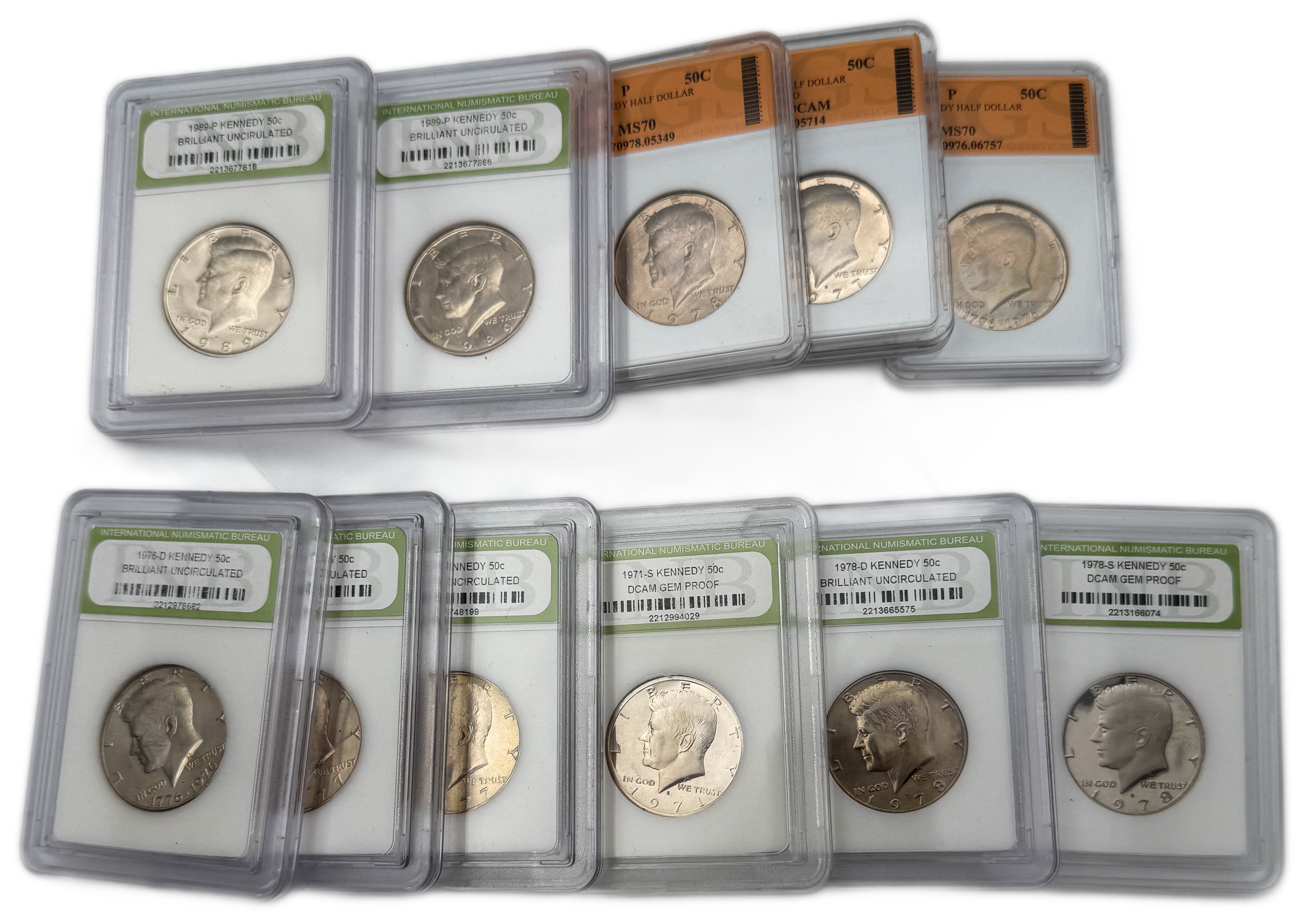 USA - Set of 11 50 cent coins from 1971, 1976, 1977, 1978, 1989, varying conditions and dates in hard plastic capsules - 1 0