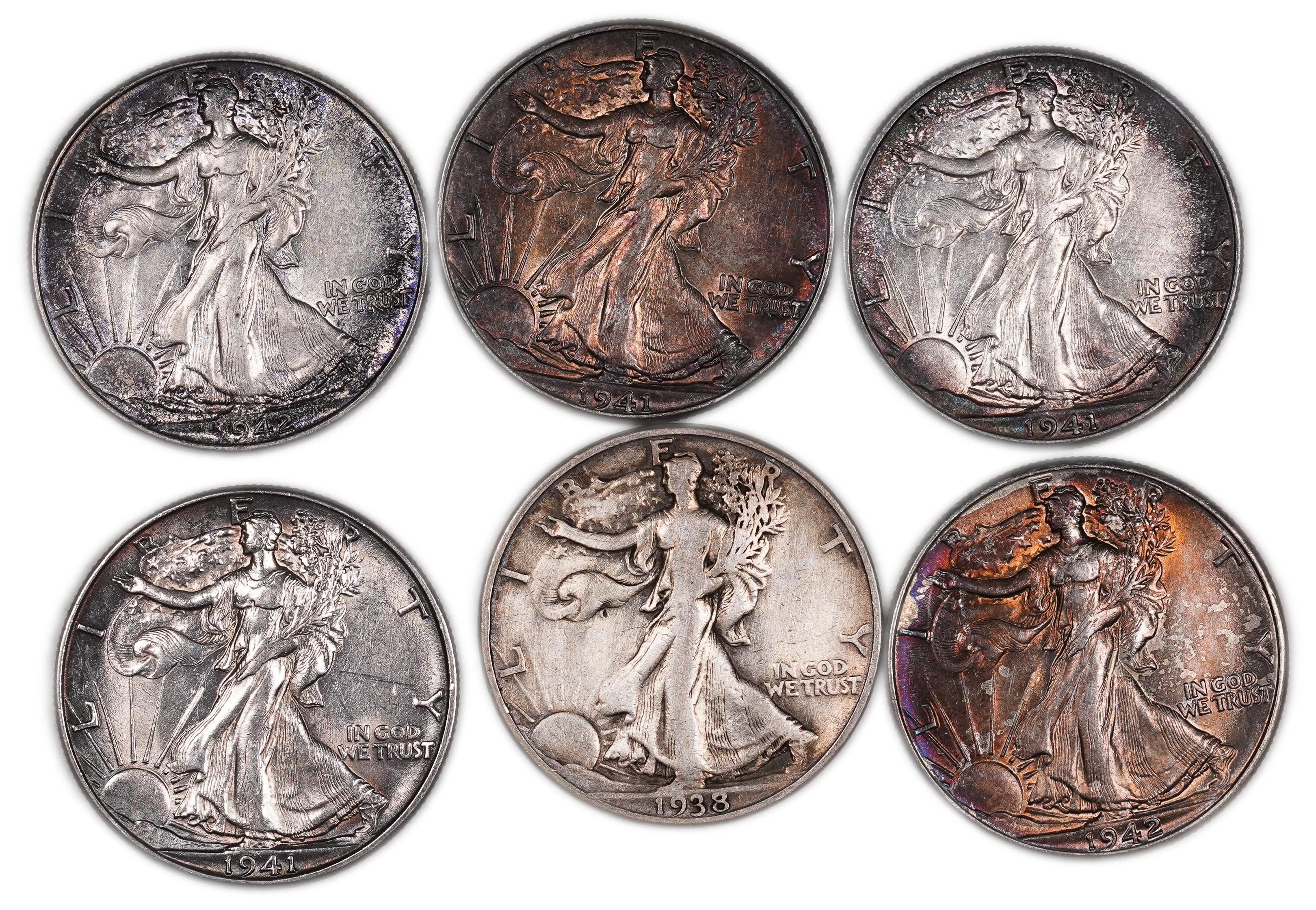 United States - Group of 6 Half Dollar Coins 1938, 1941 (4 coins), 1942 - “Walking Liberty Half Dollar” - Silver ... - 1 0