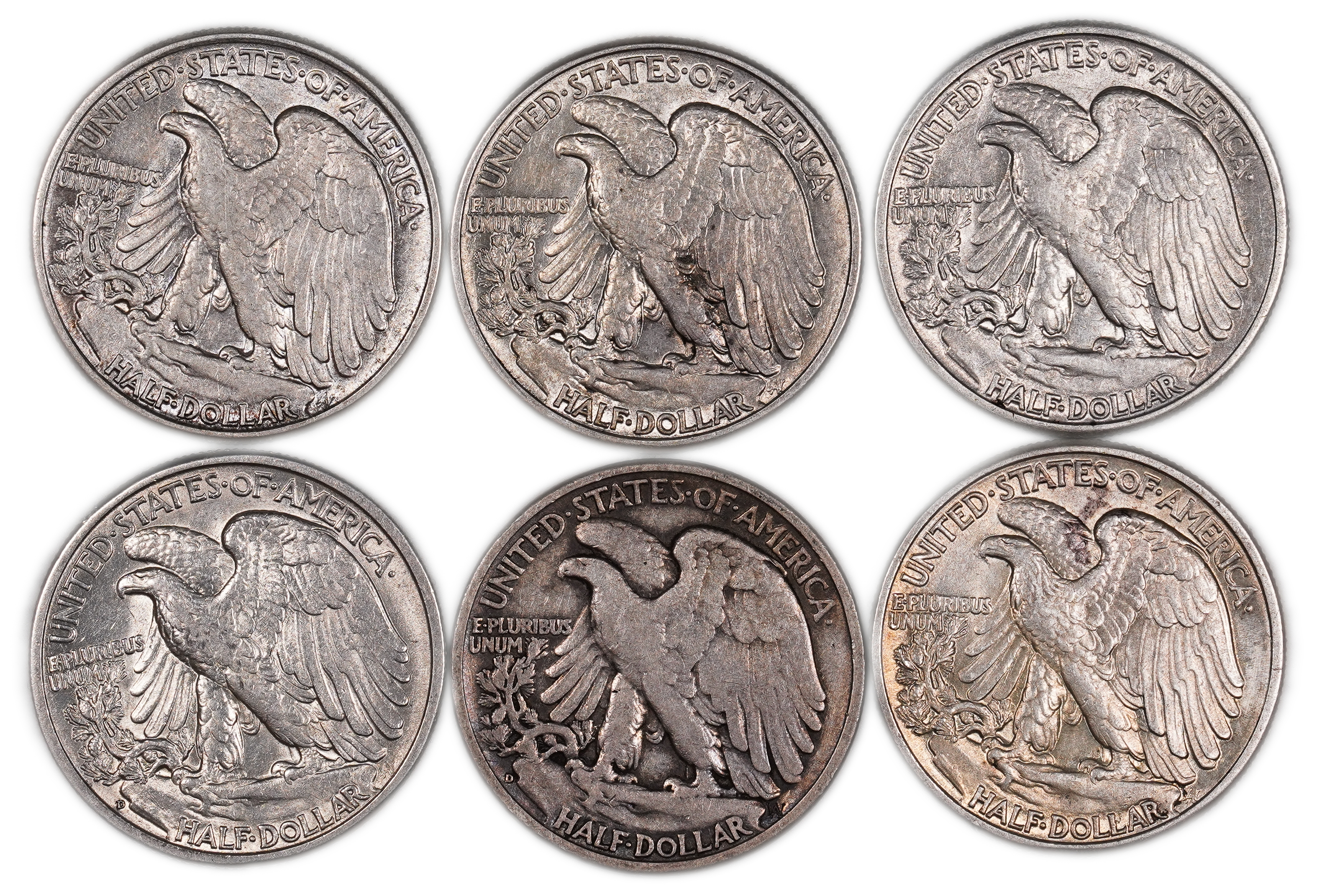 United States - Group of 6 Half Dollar Coins 1938, 1941 (4 coins), 1942 - “Walking Liberty Half Dollar” - Silver ... - 1 1