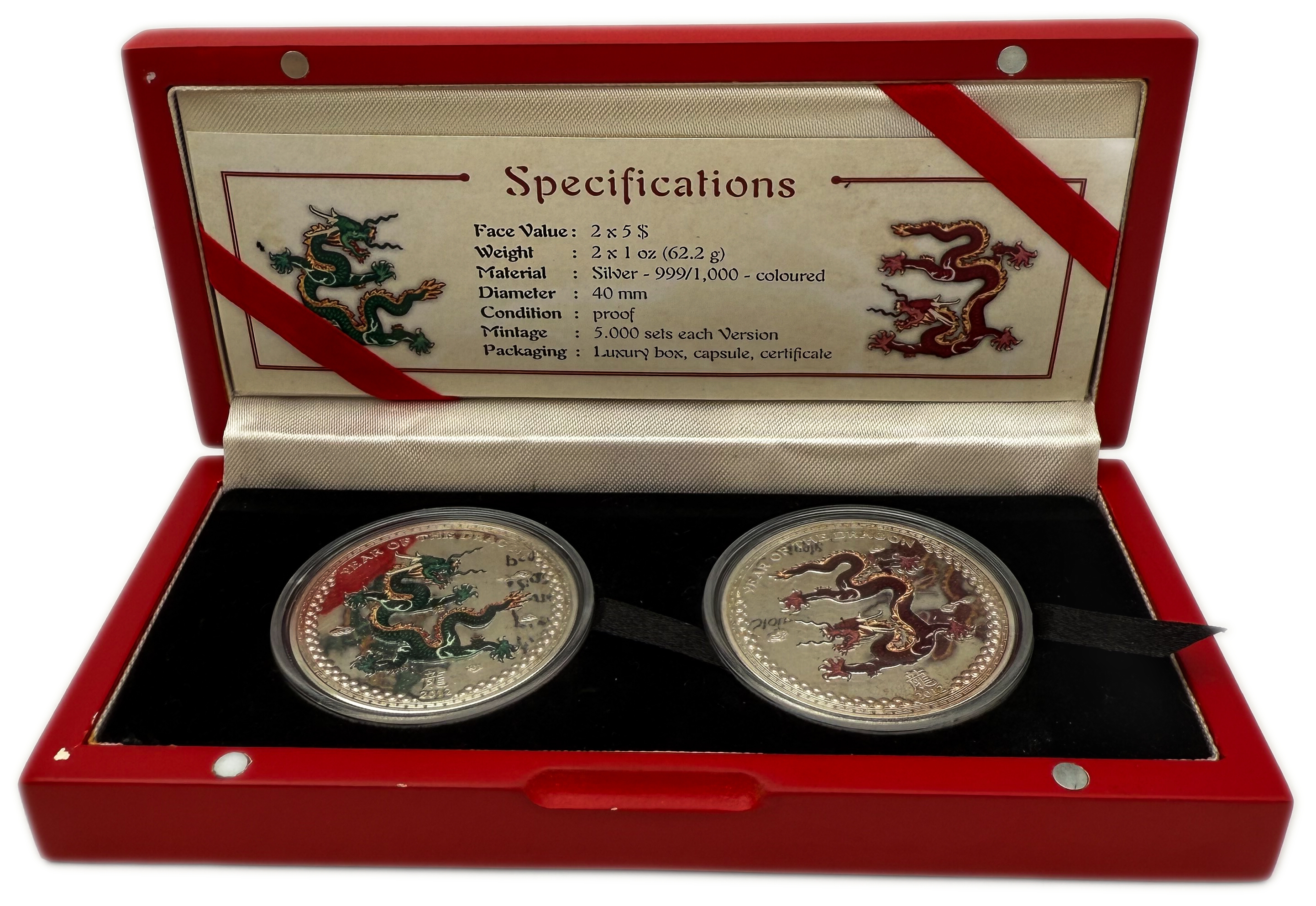 Palau - 5 Dollars 2012 - Year of the Dragon - Silver 999, 31.1g (Total NET 62.2g, 2 OZ), 40mm - 1 0