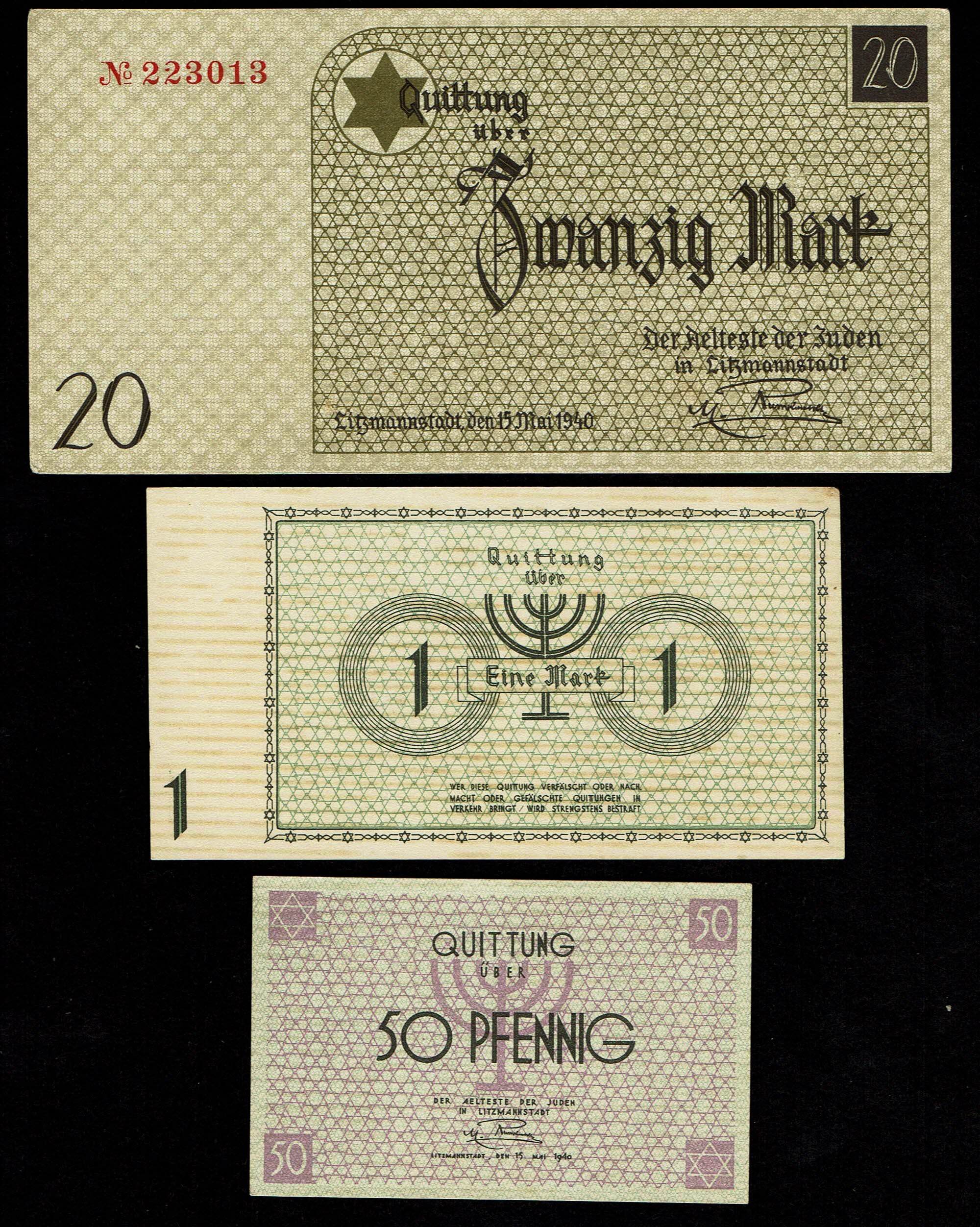 Holocaust concentration camps money - Lot of 3 banknotes of 50 Pfenning, 1 and 20 Mark 1940 – ghetto Lodz – UNC - 1 0