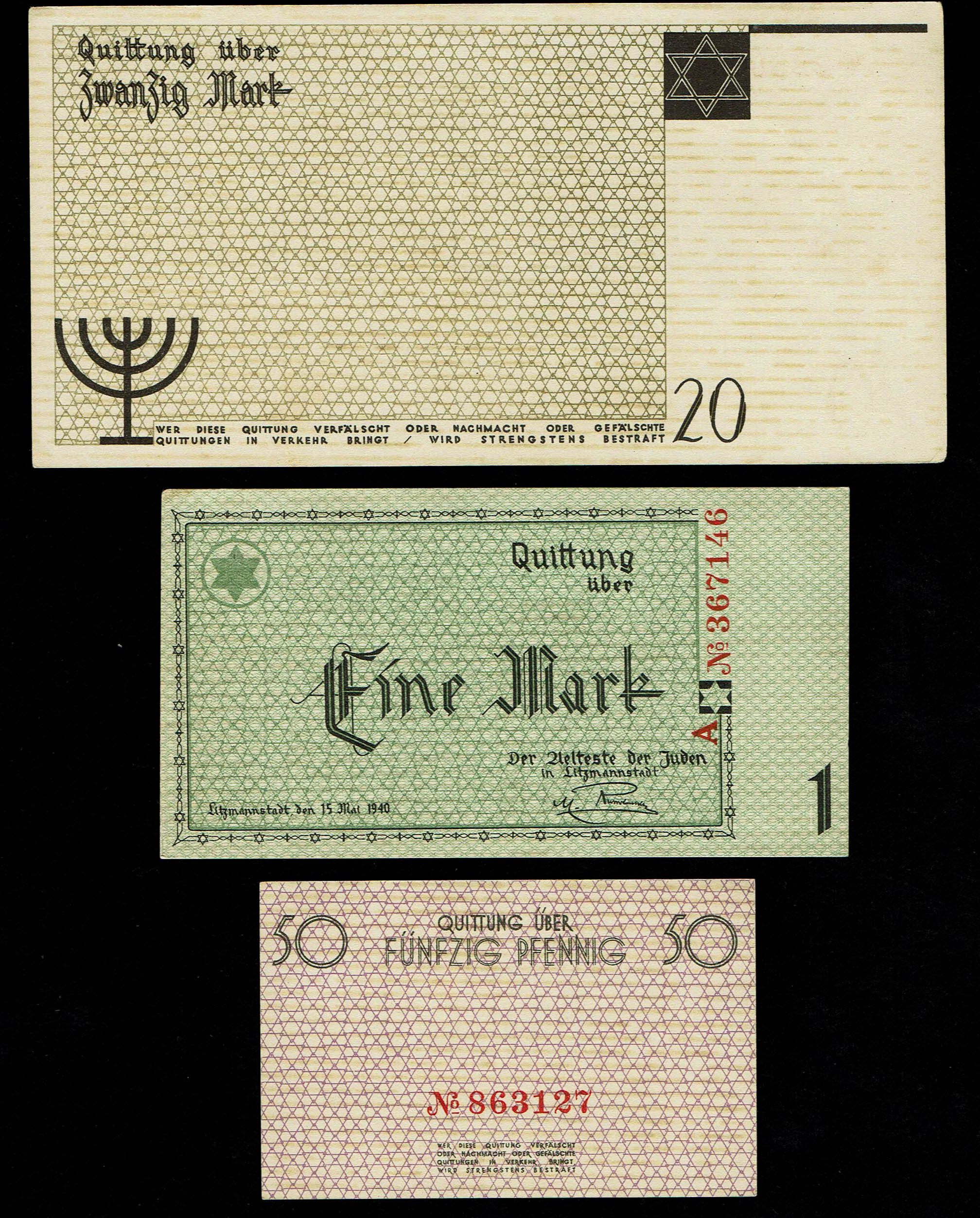Holocaust concentration camps money - Lot of 3 banknotes of 50 Pfenning, 1 and 20 Mark 1940 – ghetto Lodz – UNC - 1 1