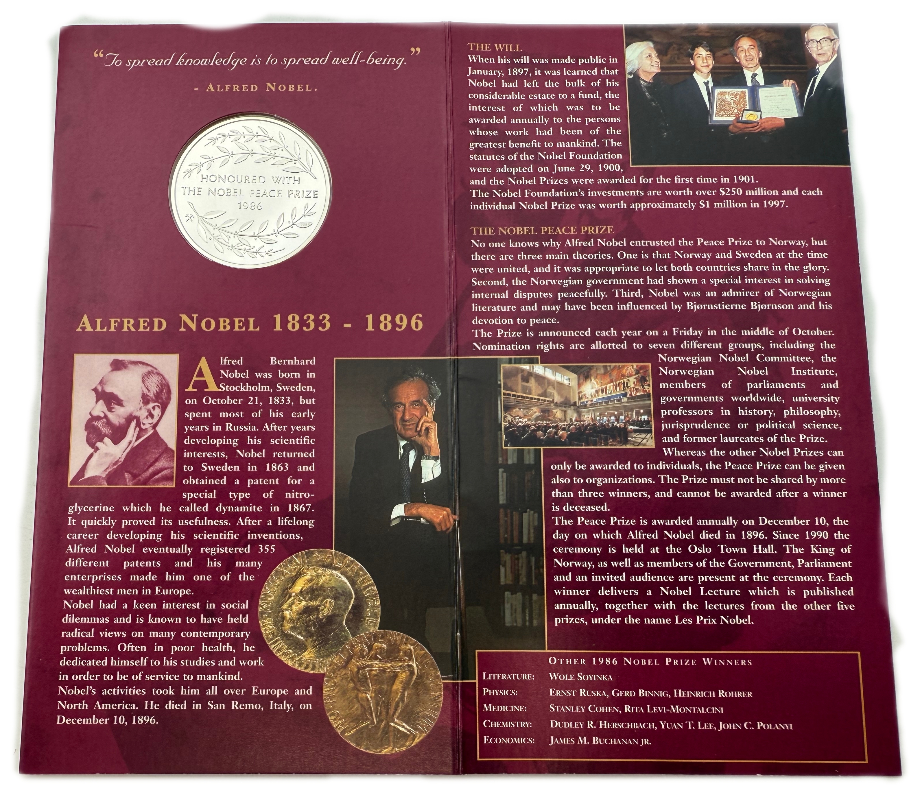 World - Silver Medal Commemorating the Nobel Prize Awarded to Elie Wiesel - 925 Silver, 31.1g (net weight 28.76g ... - 1 1