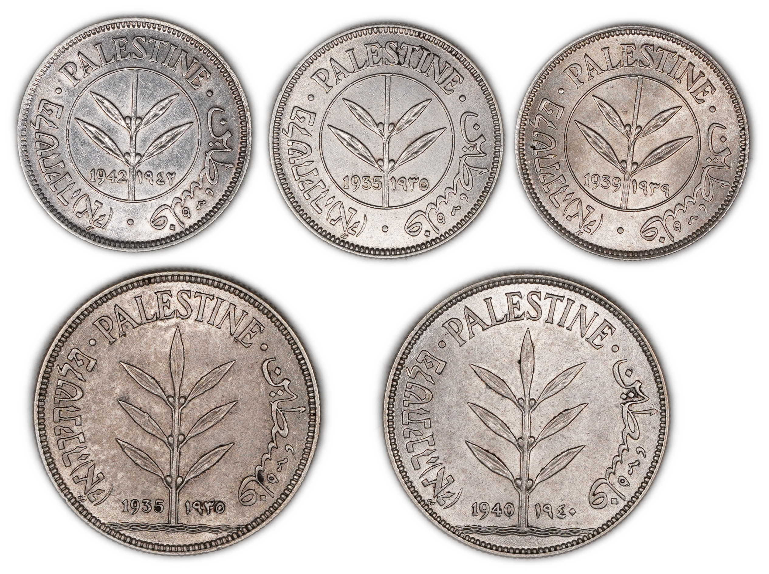 Palestine – Lot of 5 coins 50 mil 1935, 1939, 1942 and 100 mil 1935, 1940 – AU - 1 0