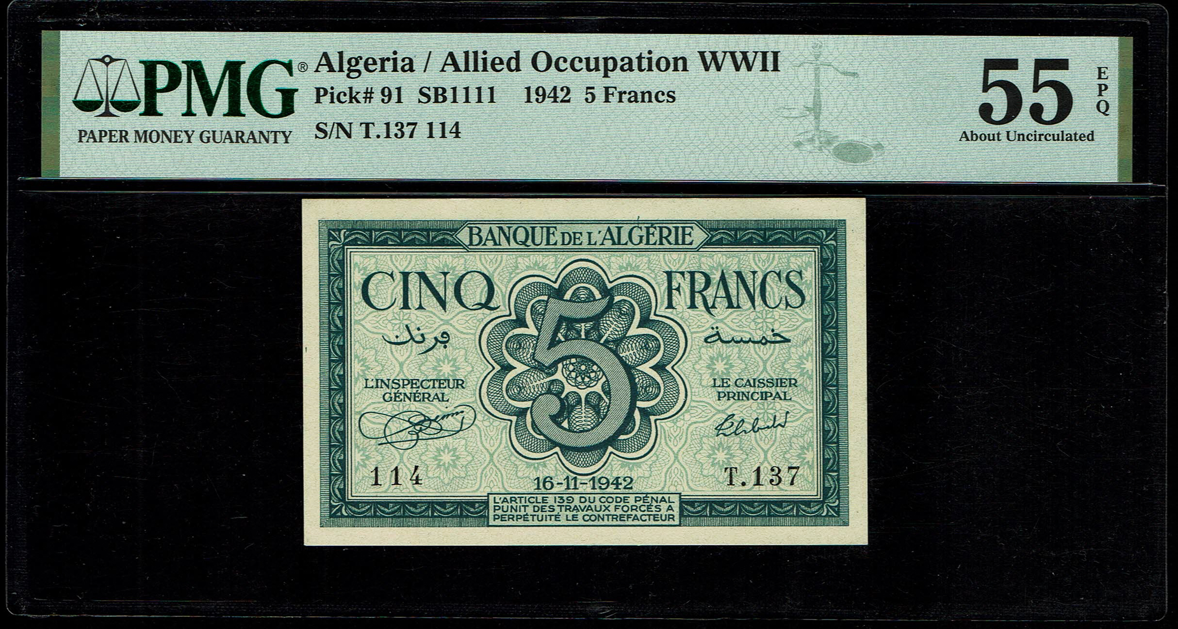 Algeria - 5 Francs 1942 - PMG 55 EPQ - 1 0