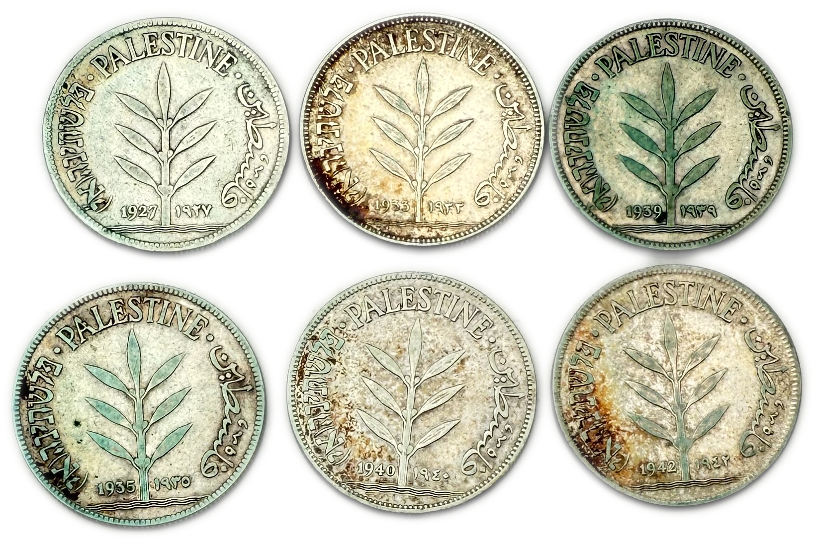 Palestine – Lot of 6 coins 100 Mils 1927, 1933, 1935, 1939, 1940, 1942 – F-VF - 1 0
