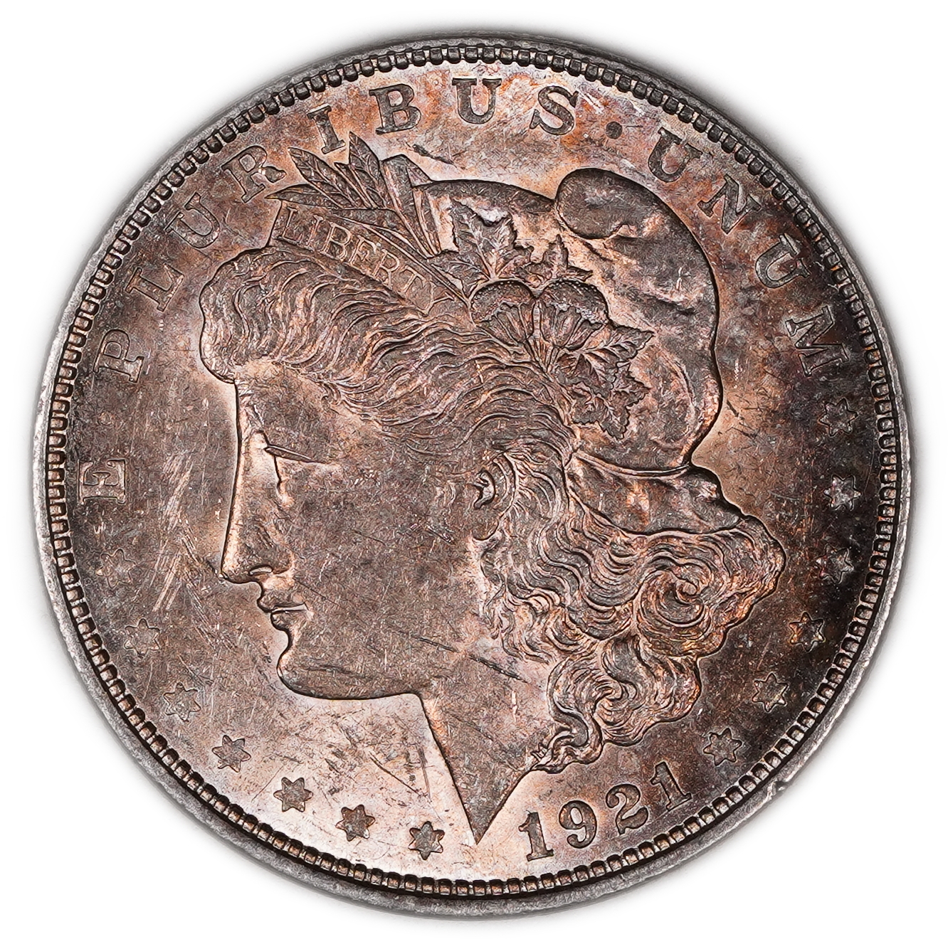 USA - 1 Morgan Dollar 1921 D - UNC - 900 silver, 26.73g (net 24.05g, 0.77 oz), 38.1 mm. - 1 0