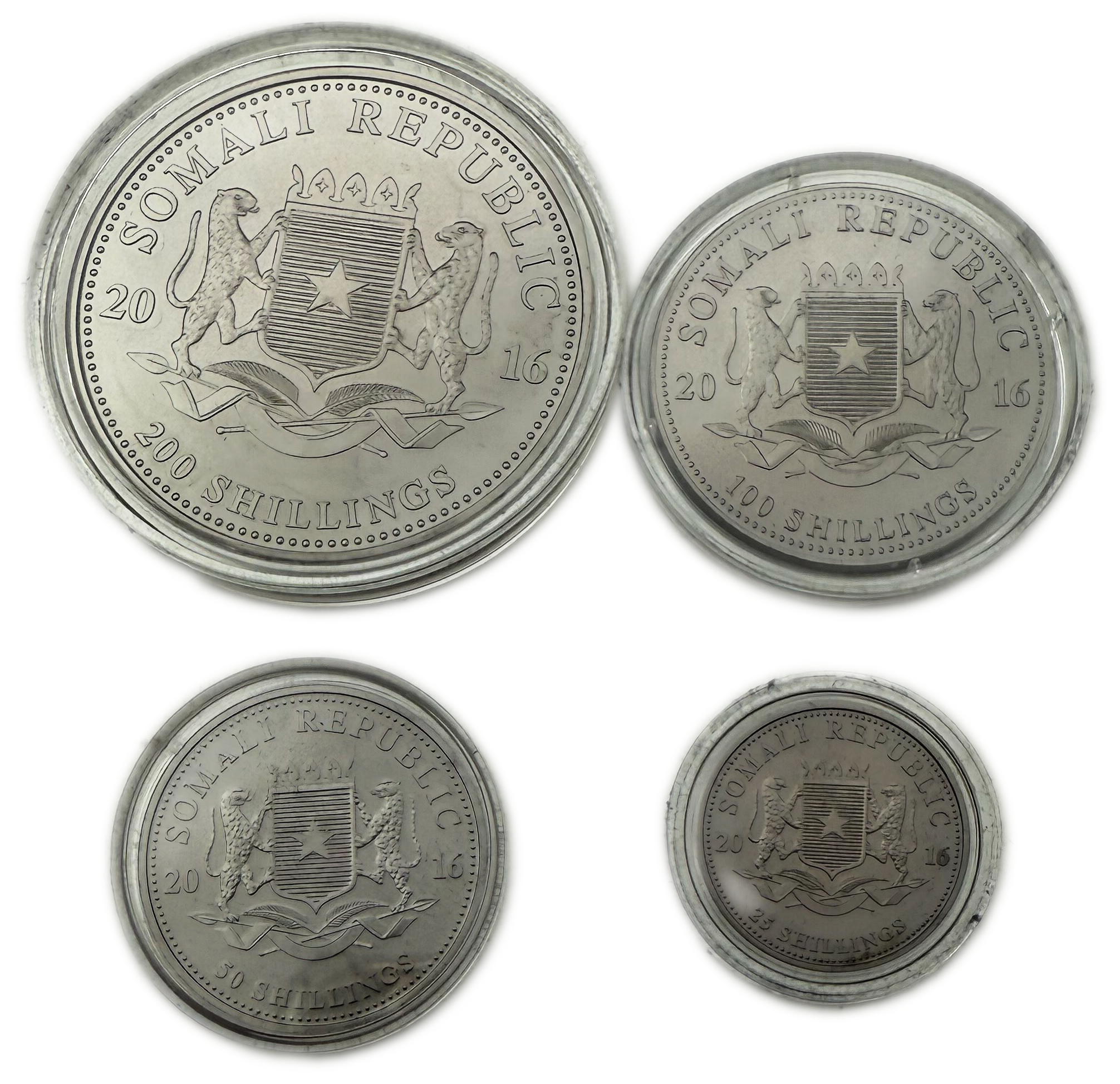 Somalia - 25, 50, 100 & 200 Shilling 2016 African Somalia Wildlife Sunset Set - (Rutehnium Colour) - 1/4 oz - 2 oz ... - 1 2