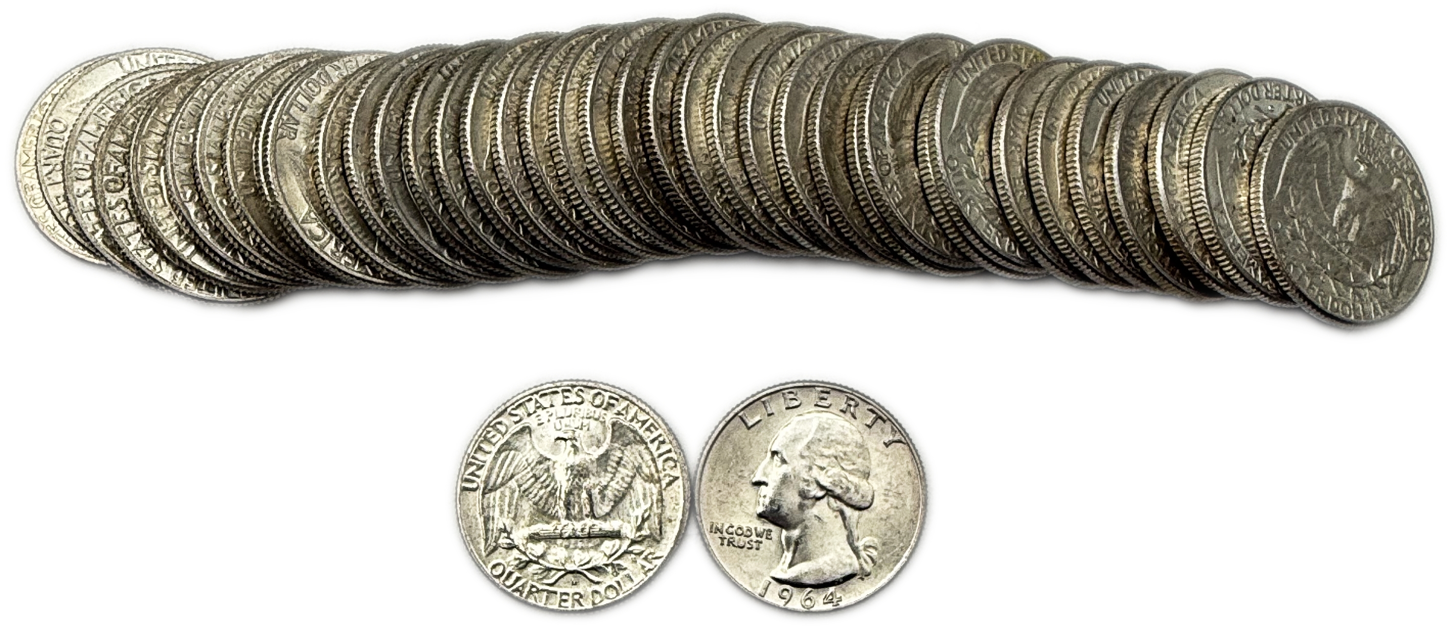 USA - Lot of 40 coins of 1/4 Dollar 1964 - "Washington Silver Quarter" - Silver 900, 6.25g (total net 225g, 7.23 ... - 1 0