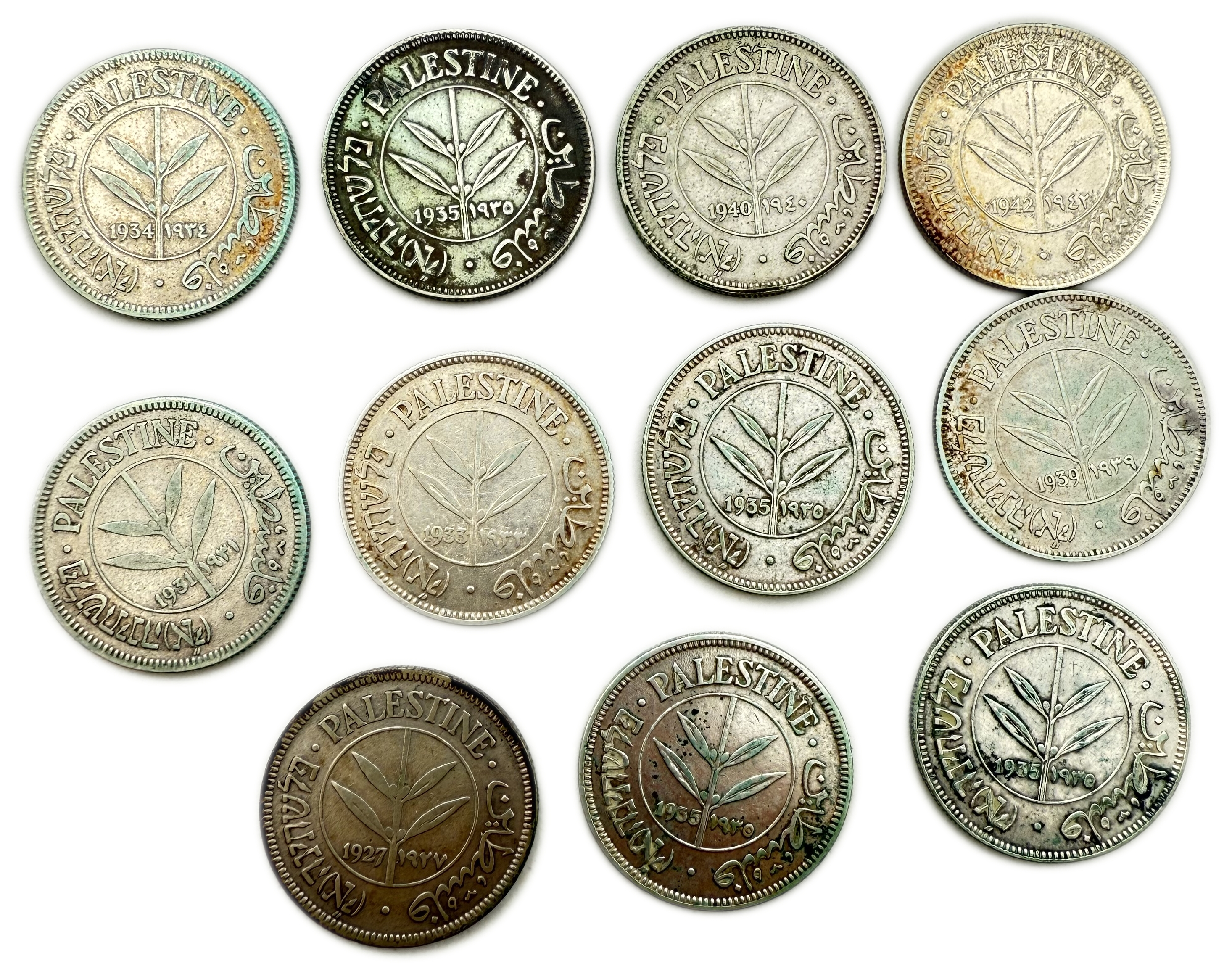 Palestine – Lot of 11 coins of 50 Mils 1927, 1931, 1933, 1934, 1935, 1939, 1940, 1942 – F-VF - 1 0