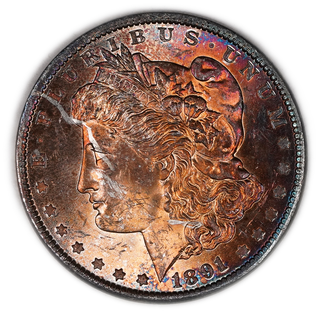 USA - 1 Morgan Dollar 1891 - UNC - 900 silver, 26.73g (net 24.05g, 0.77 oz), 38.1 mm. - 1 0