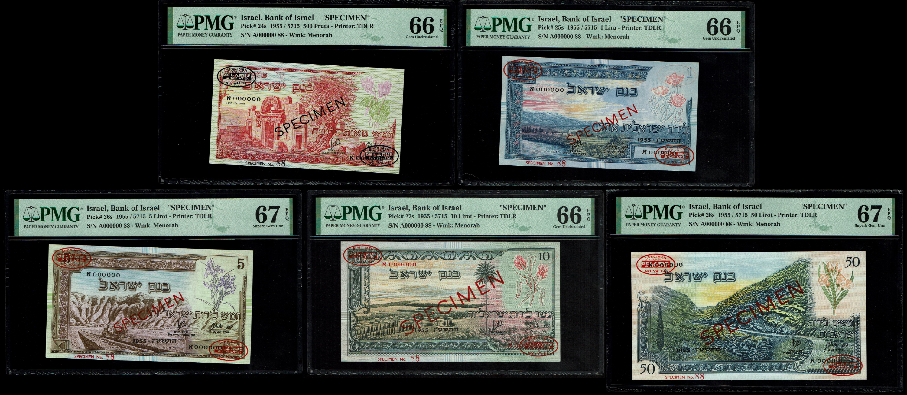 Israel - 5 banknotes 500 Pruta, 1, 5, 10 and 50 Lira 1955 - SPECIMEN - Landscape series - PMG 66, 67 EPQ - 1 0
