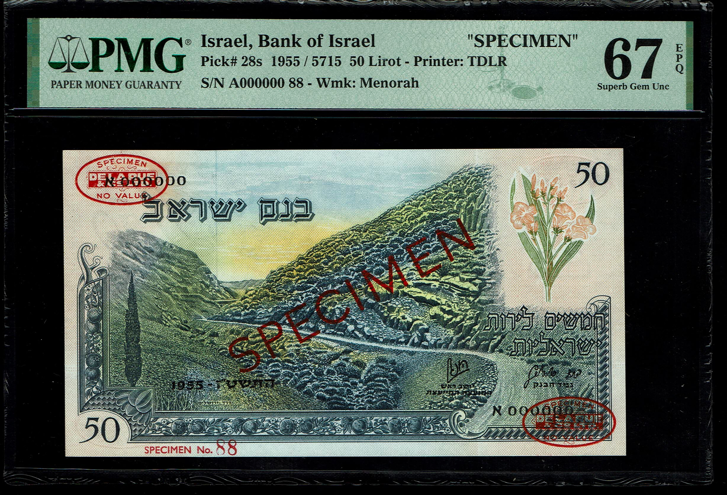 Israel - 5 banknotes 500 Pruta, 1, 5, 10 and 50 Lira 1955 - SPECIMEN - Landscape series - PMG 66, 67 EPQ - 1 10