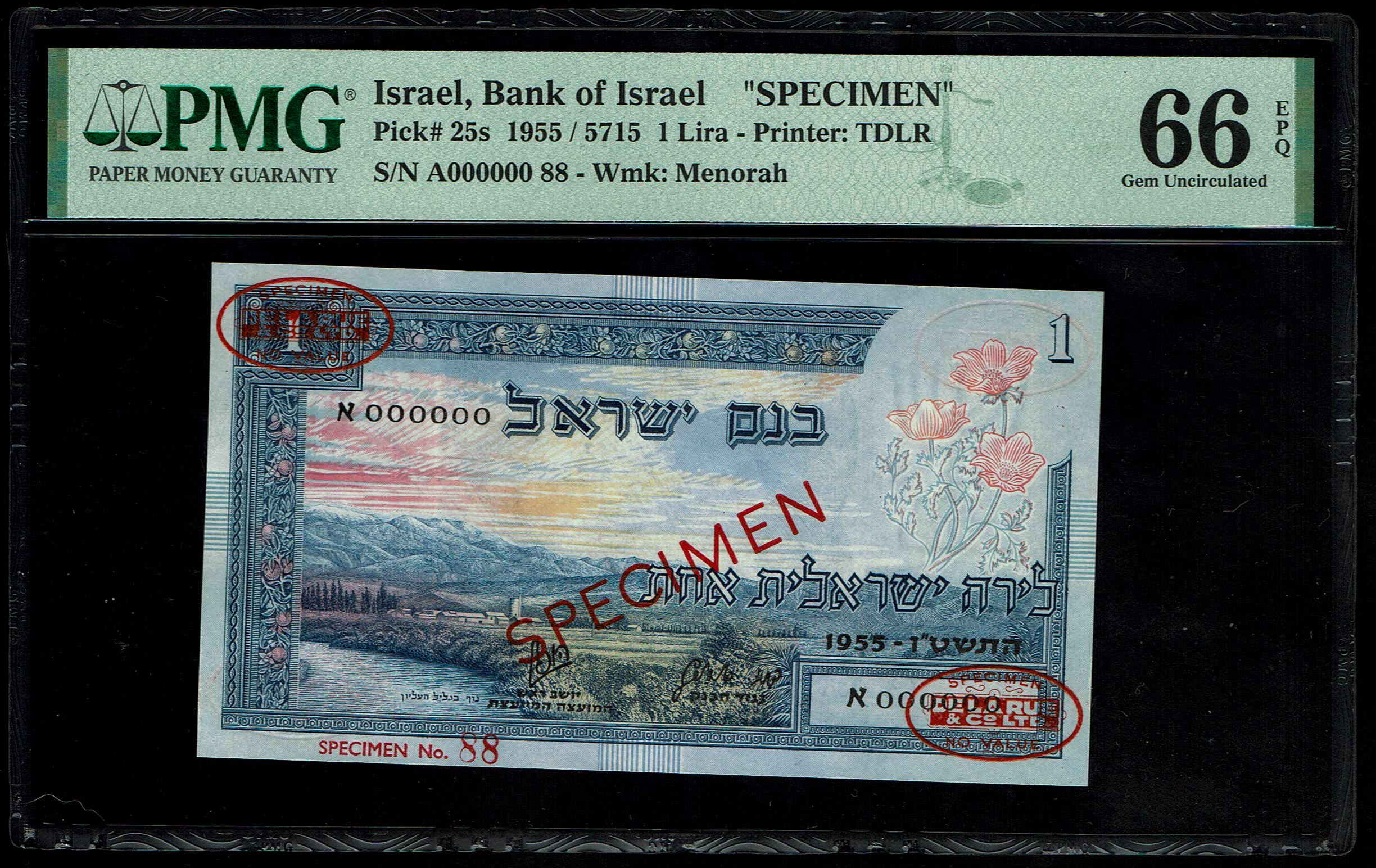 Israel - 5 banknotes 500 Pruta, 1, 5, 10 and 50 Lira 1955 - SPECIMEN - Landscape series - PMG 66, 67 EPQ - 1 4