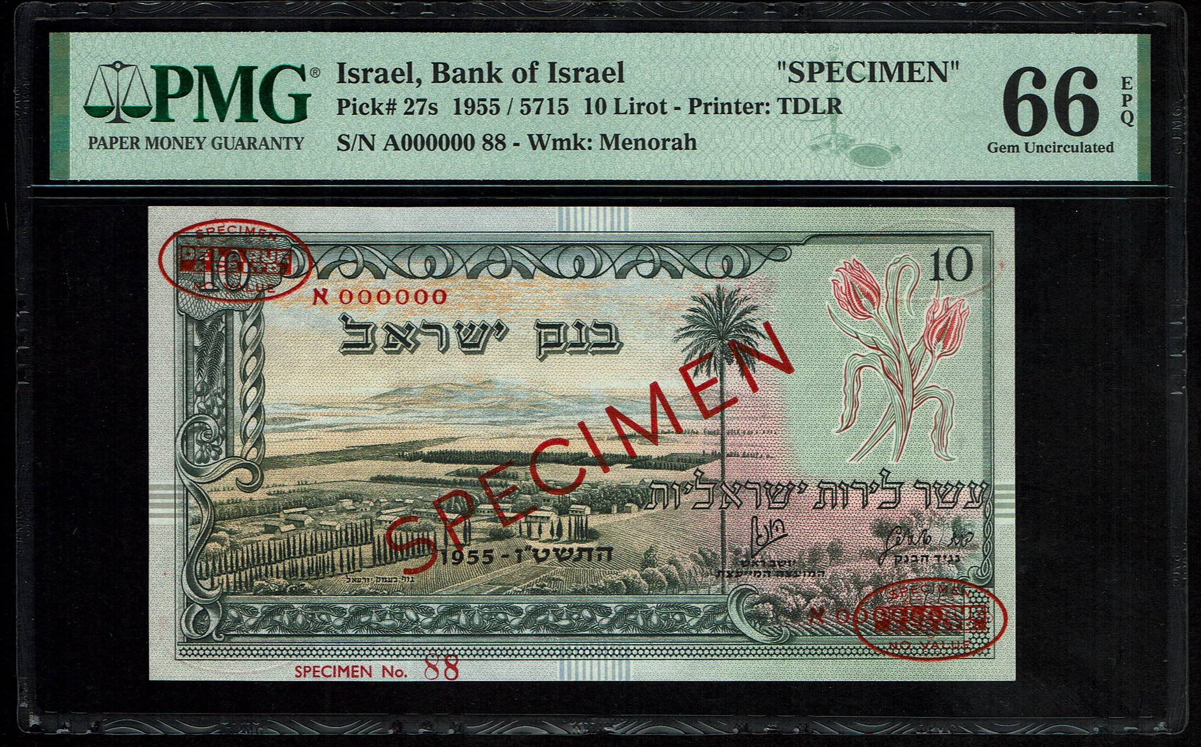 Israel - 5 banknotes 500 Pruta, 1, 5, 10 and 50 Lira 1955 - SPECIMEN - Landscape series - PMG 66, 67 EPQ - 1 8