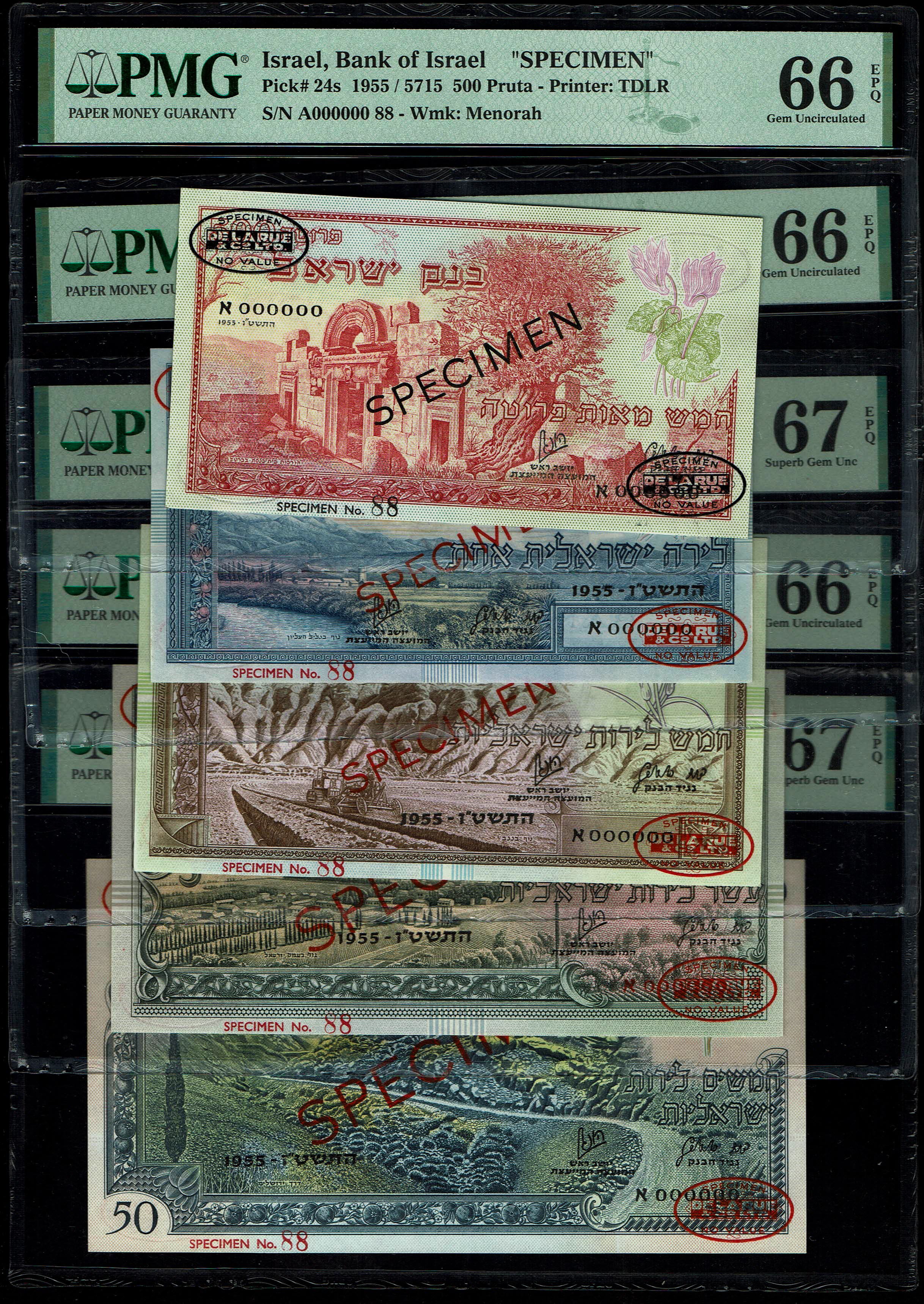 Israel - 5 banknotes 500 Pruta, 1, 5, 10 and 50 Lira 1955 - SPECIMEN - Landscape series - PMG 66, 67 EPQ - 1 1