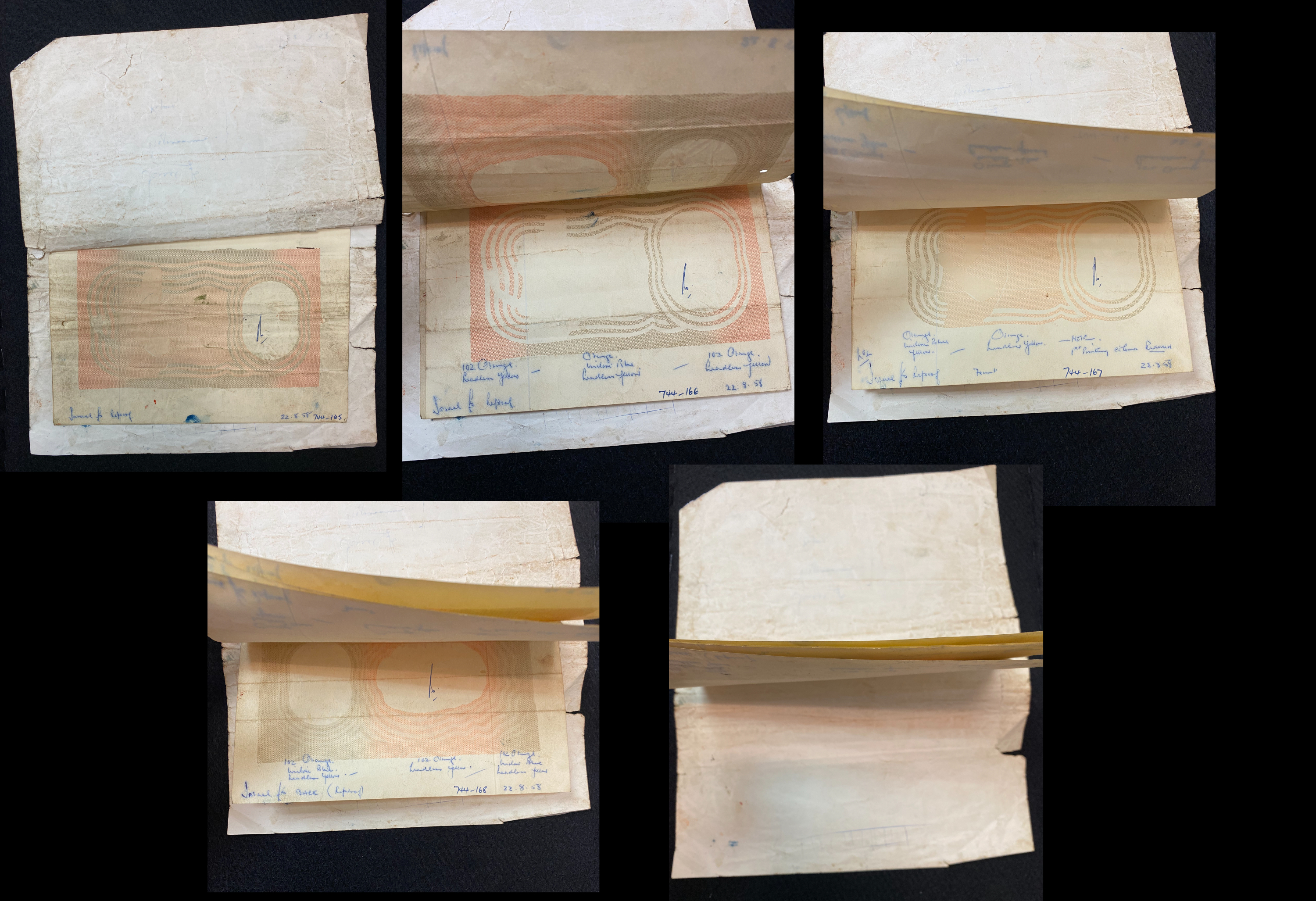 Israel - 5 Pounds (Lirot) 1958, An official notebook that bound 4 banknotes, Advanced Progressive Proof stages that ... - 1 0