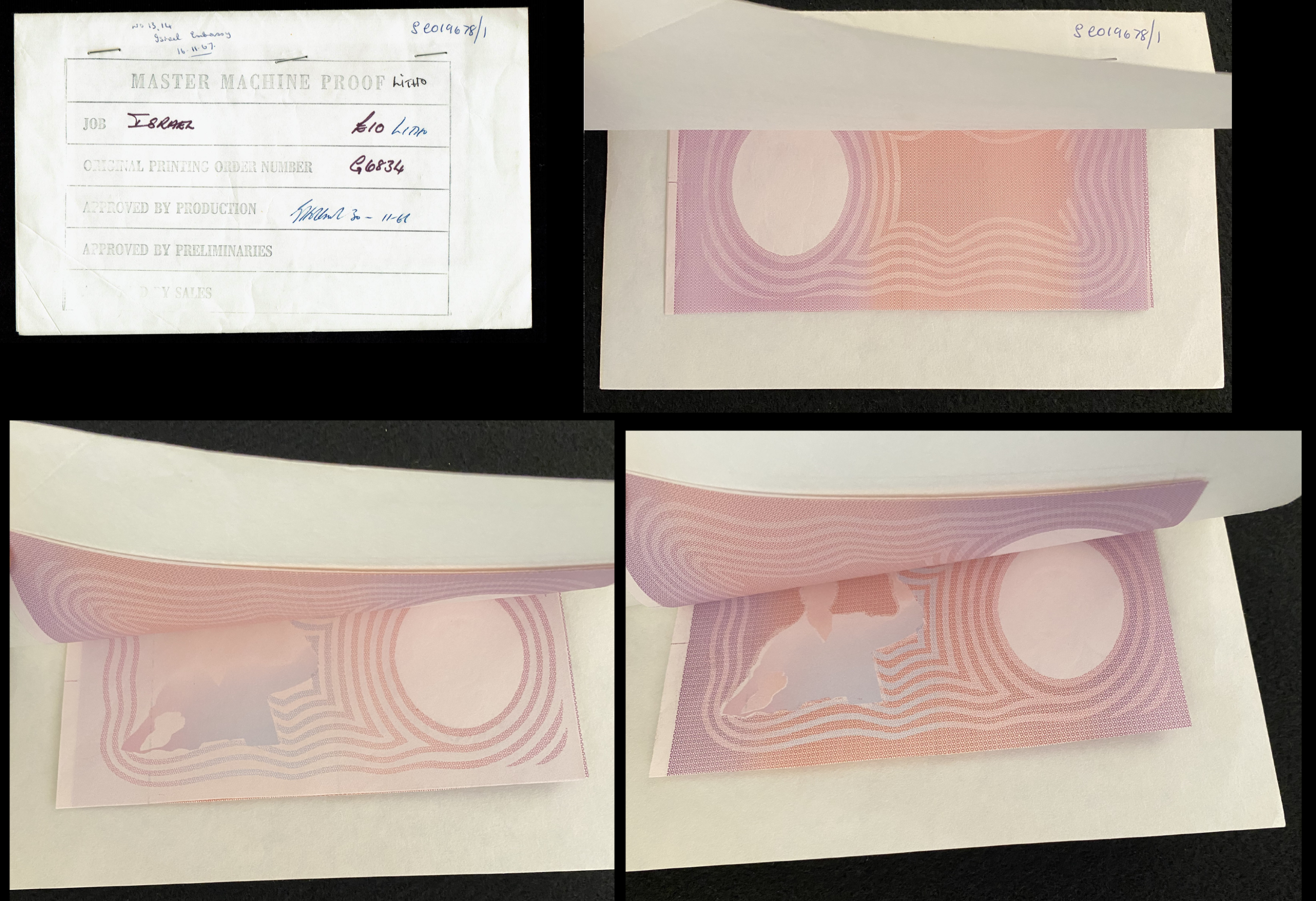 Israel - 10 Pounds (Lirot) 1958, An official notebook that bound 3 banknotes, "Master Machine Proof" stages that ... - 1 0