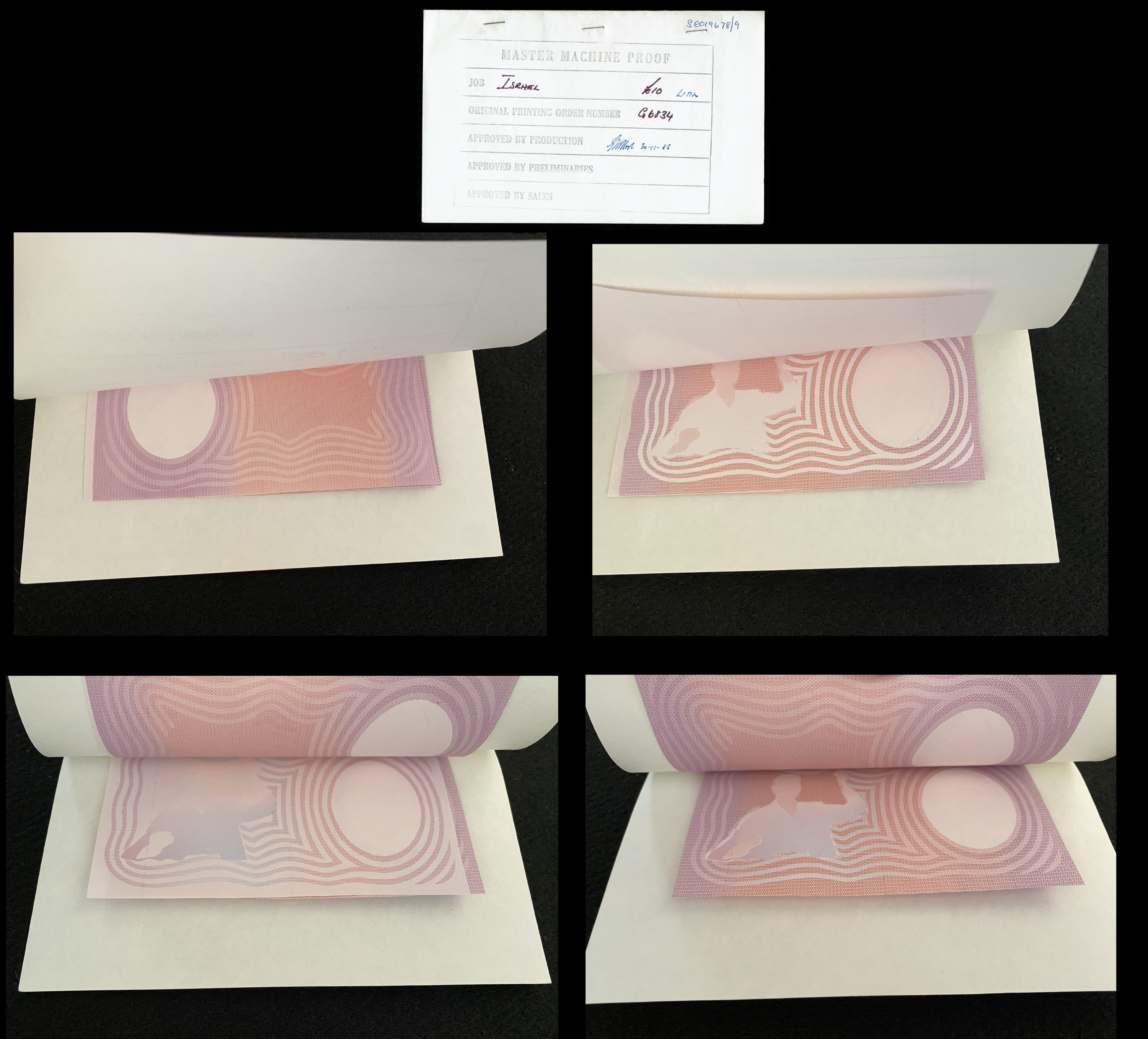 Israel - 10 Pounds (Lirot) 1958, An official notebook that bound 4 banknotes, "Master Machine Proof" stages that ... - 1 0