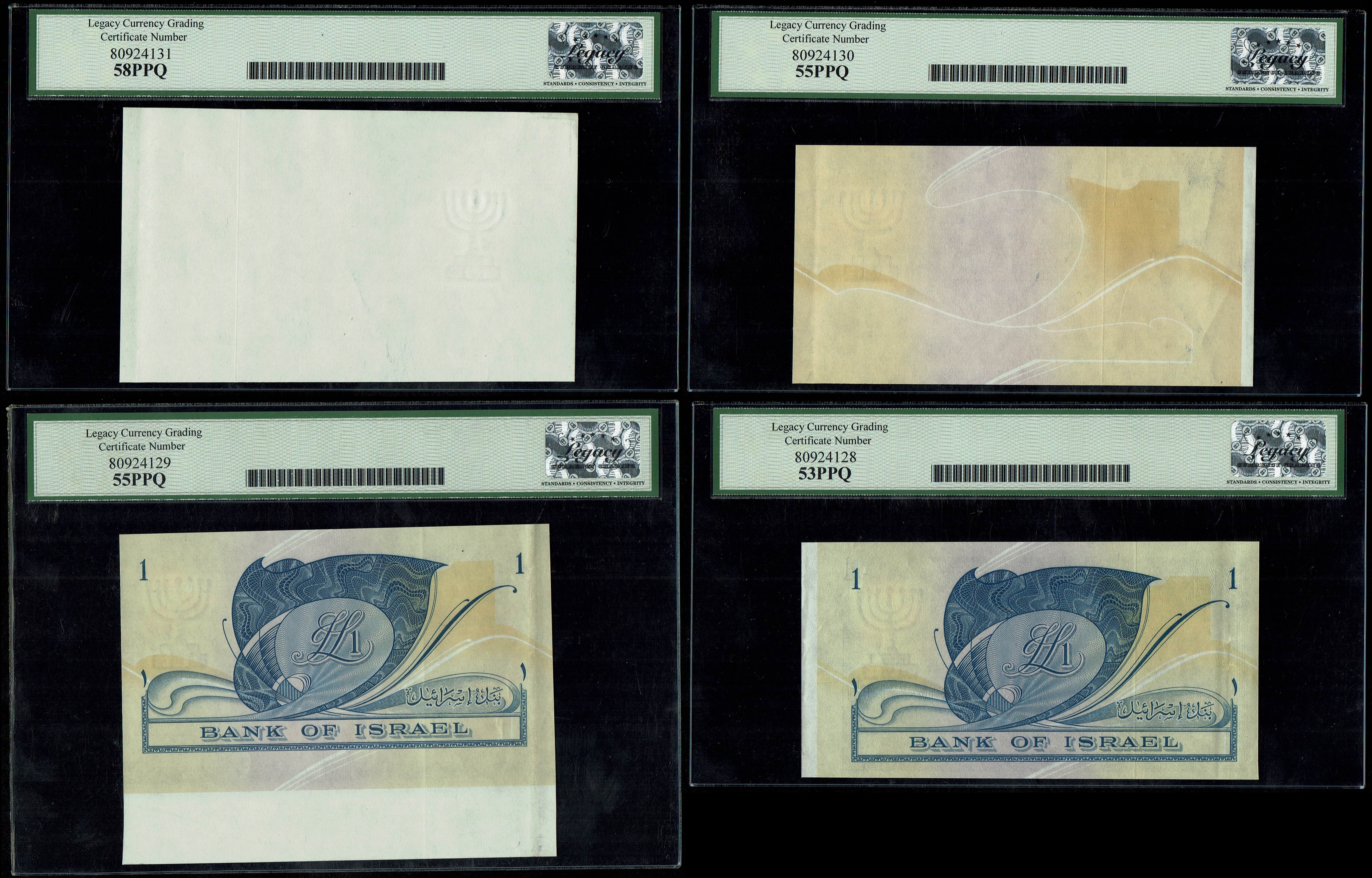 Israel - 1 Pound (Lira) 1955 - Set of 4 different progressive proof banknotes - Legacy 53, 55, 58 PPQ - 1 1