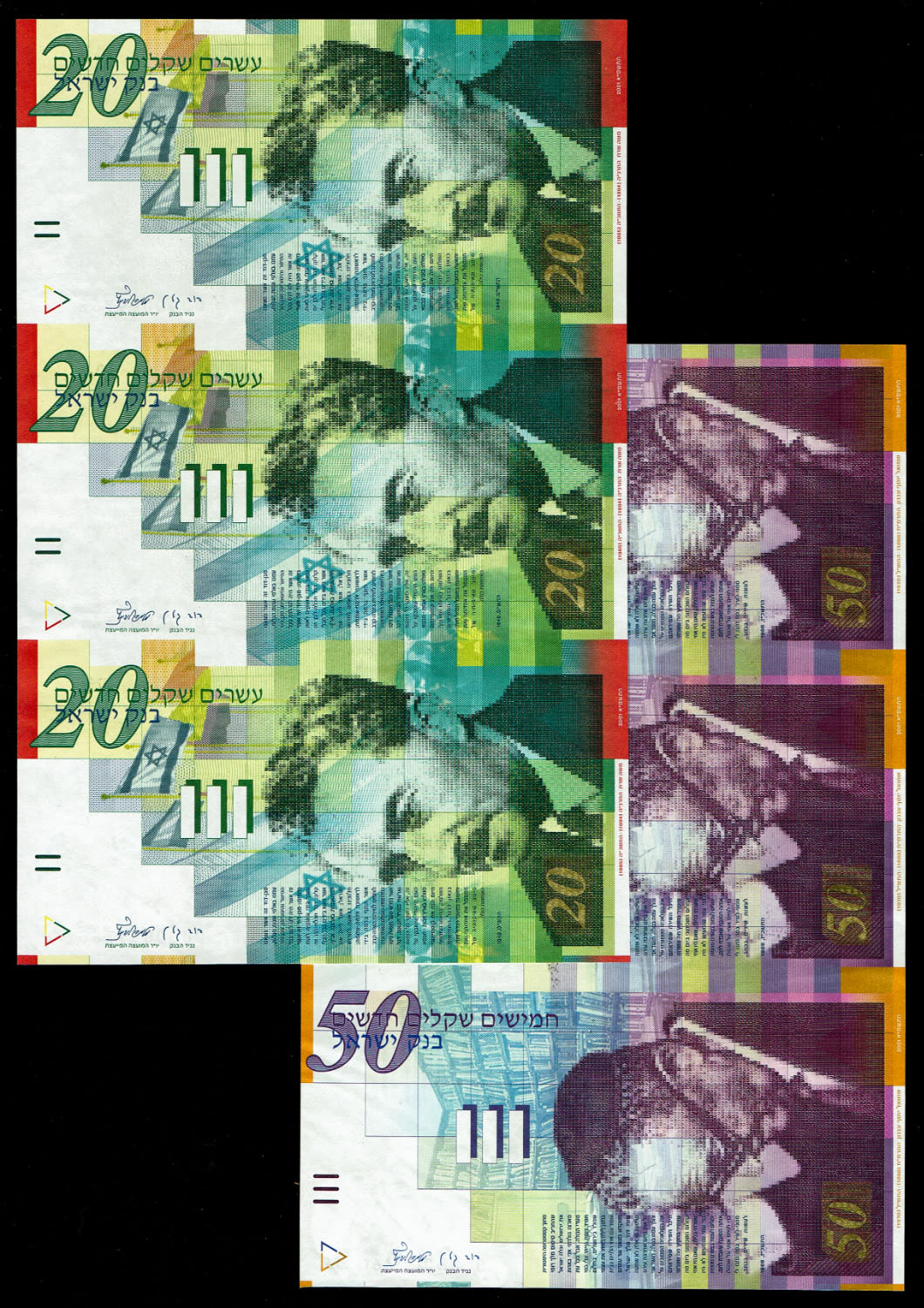 Israel - A pair of sheets banknotes 20, 50 shekels 2001 - Same serial number - UNC
20 Shekels: ... - 1 0