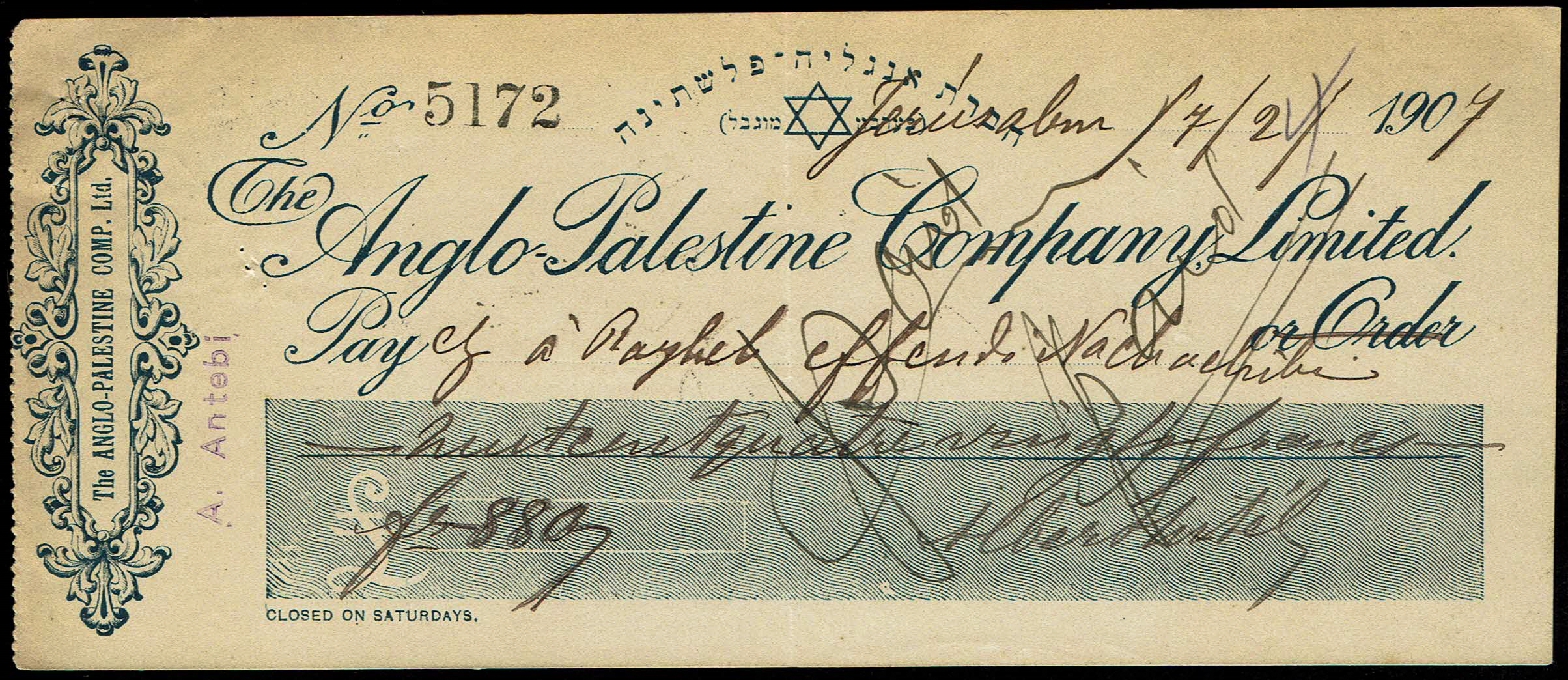 Palestine – Anglo-Palestine Company – 1904 Check Signed by A. Antebi – Very Rare - 1 0