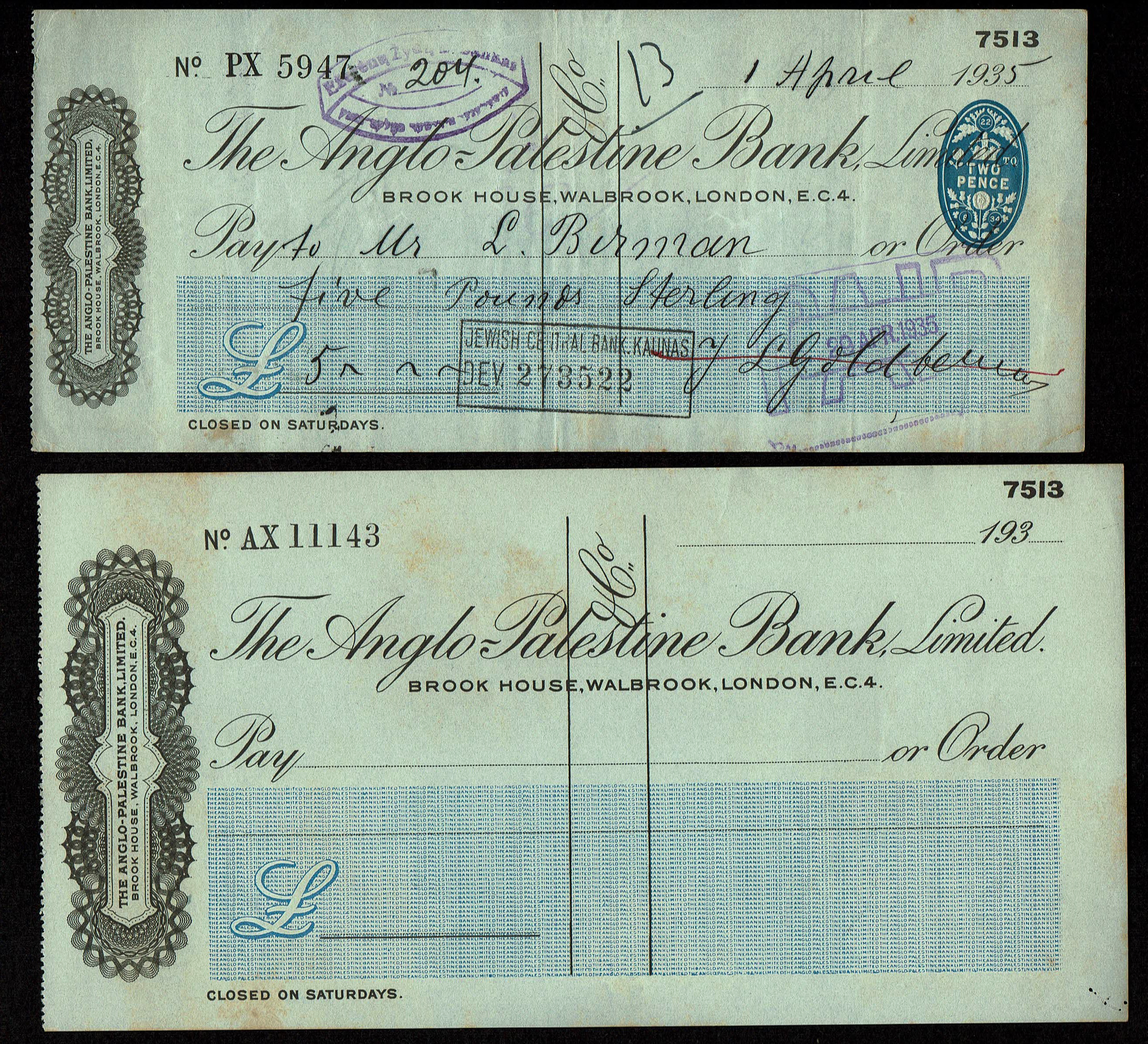 Palestine - Collection of Five Checks and an Account Transfer Document of the Anglo-Palestine Company - Including ... - 1 7
