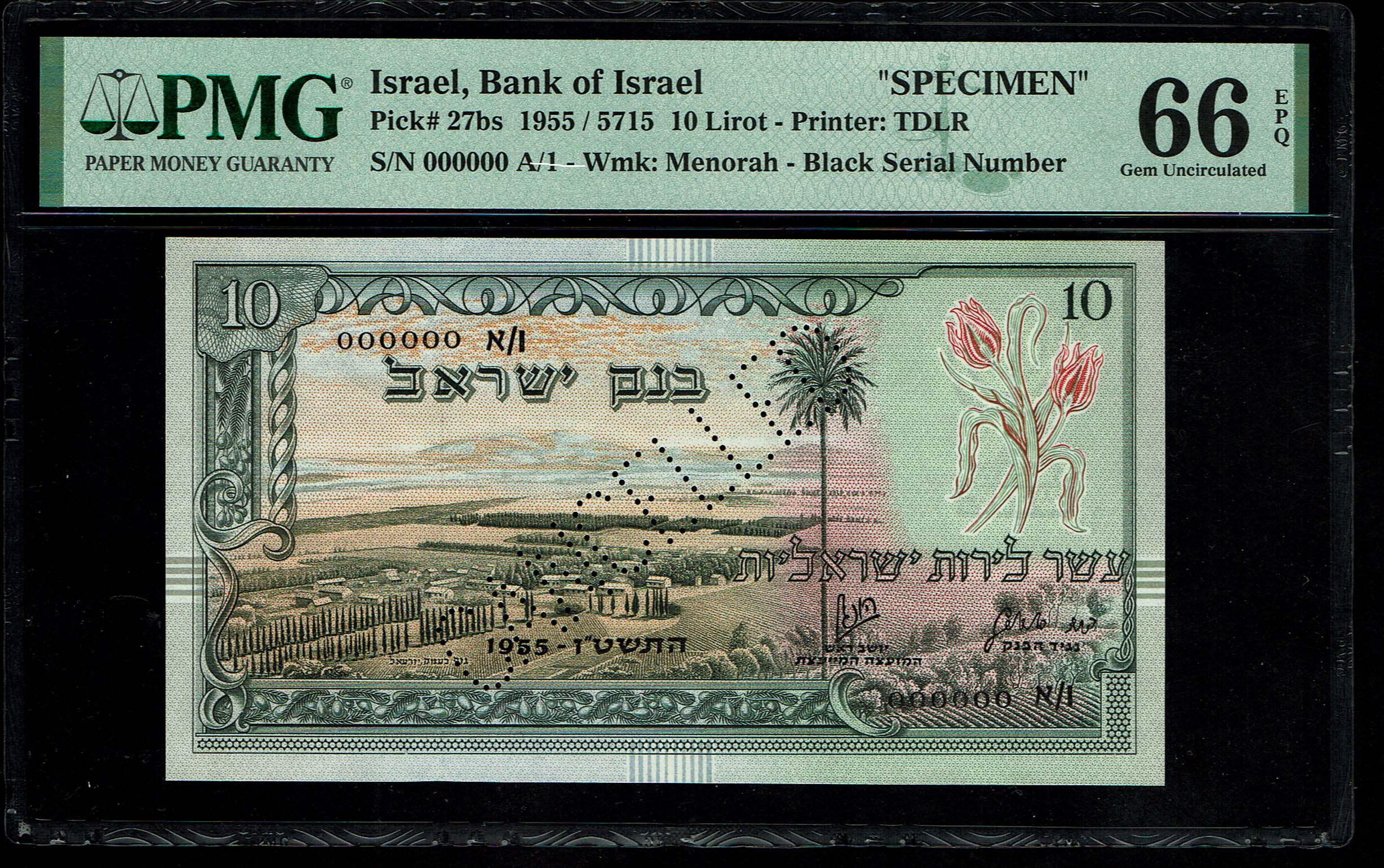 Israel - 10 Lirot 1955 - PMG 66 EPQ - SPECIMEN - Black Serial Number - Prefix A - 1 0