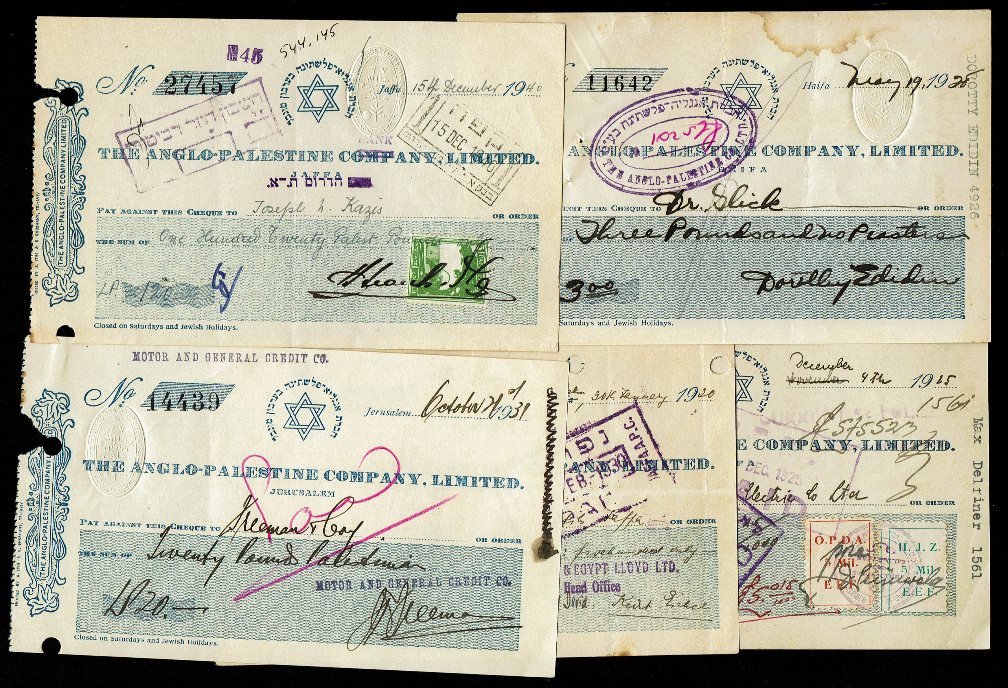 Palestine - Set of Five “White” Checks of the Anglo-Palestine Company - 1920s - Complete Set from Various Branches - 1 0