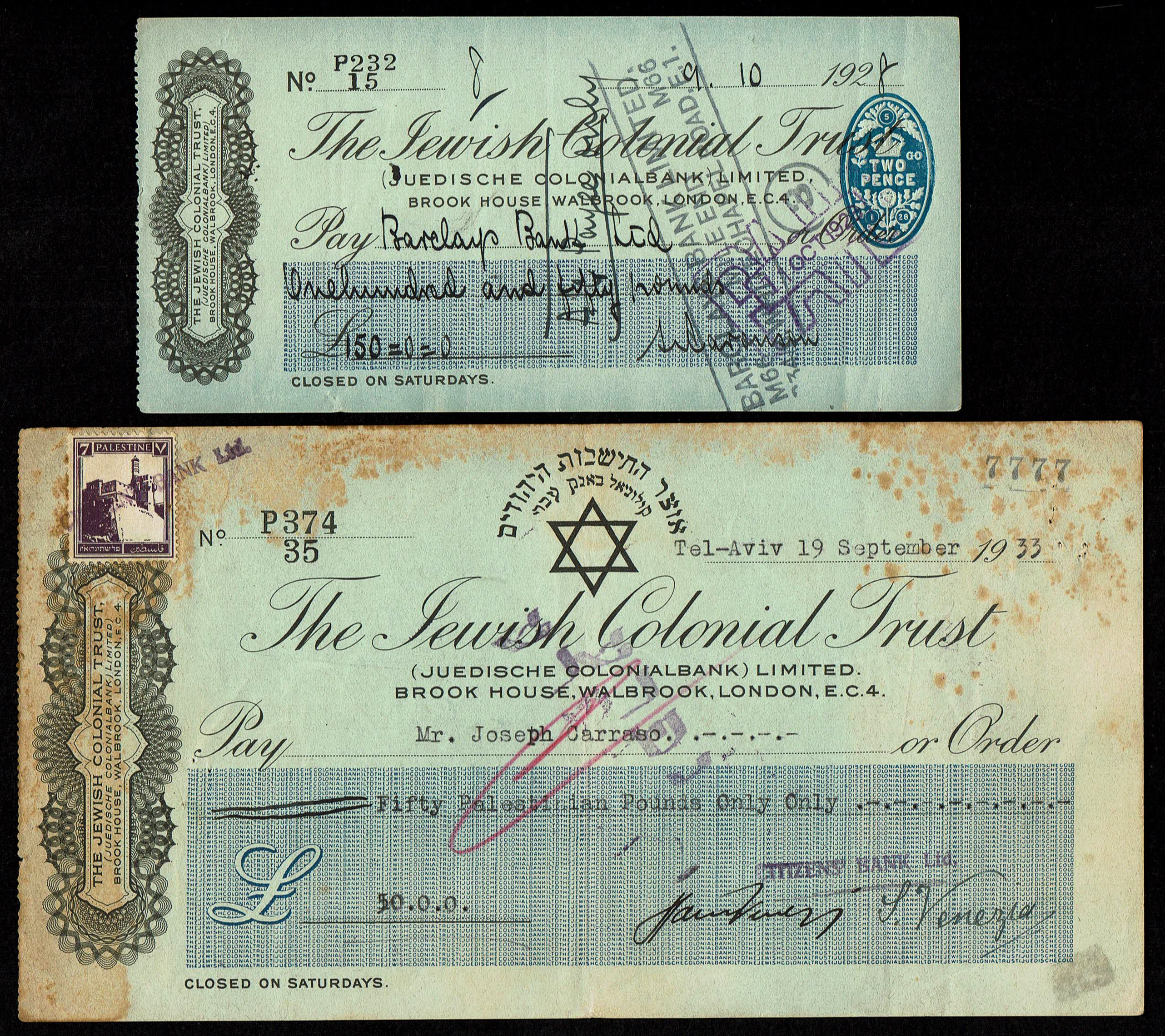 Palestine - Four Checks of the Jewish Colonial Trust (J.C.T) - Including a Rare Check Issued to the Beit Vegan ... - 1 3