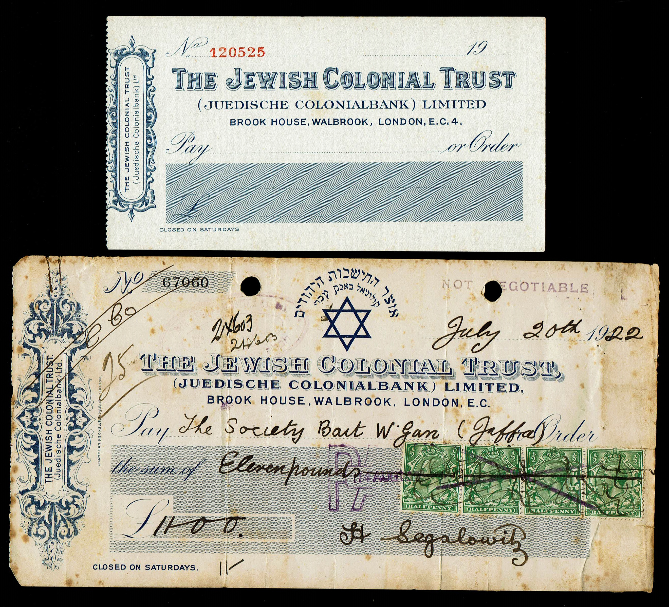 Palestine - Four Checks of the Jewish Colonial Trust (J.C.T) - Including a Rare Check Issued to the Beit Vegan ... - 1 1