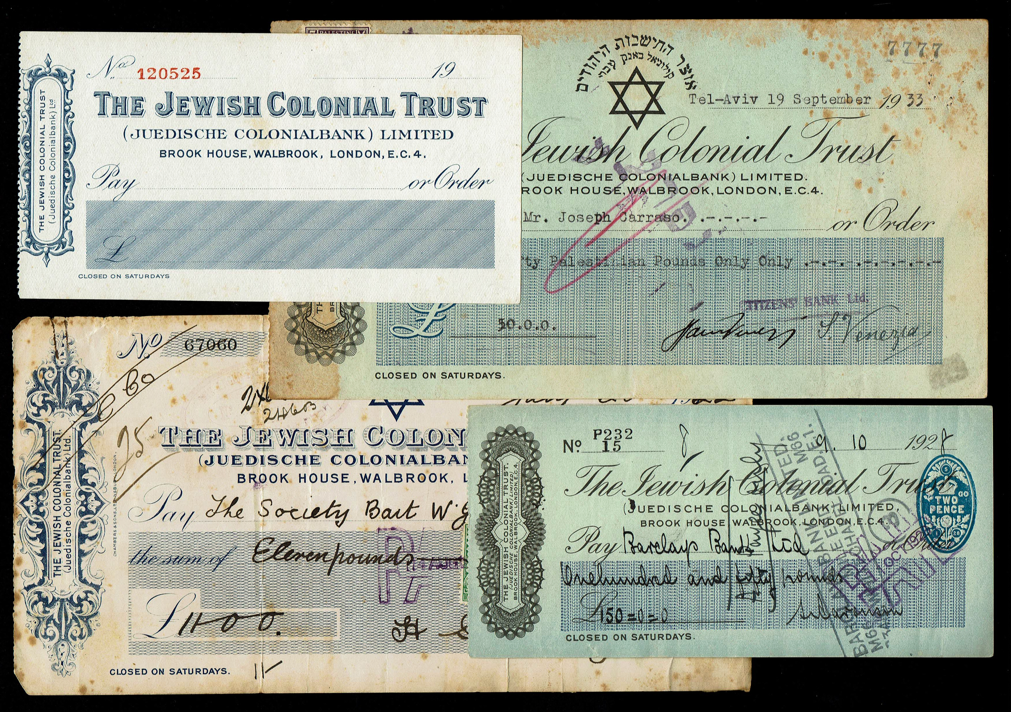 Palestine - Four Checks of the Jewish Colonial Trust (J.C.T) - Including a Rare Check Issued to the Beit Vegan ... - 1 0