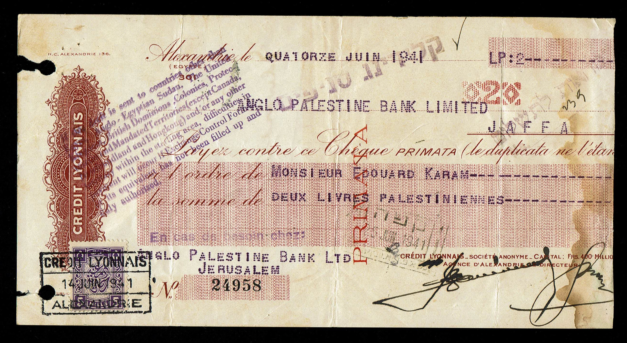 Palestine - Four Checks of the Anglo-Palestine Bank / Company - 1930s–1950s - 1 7