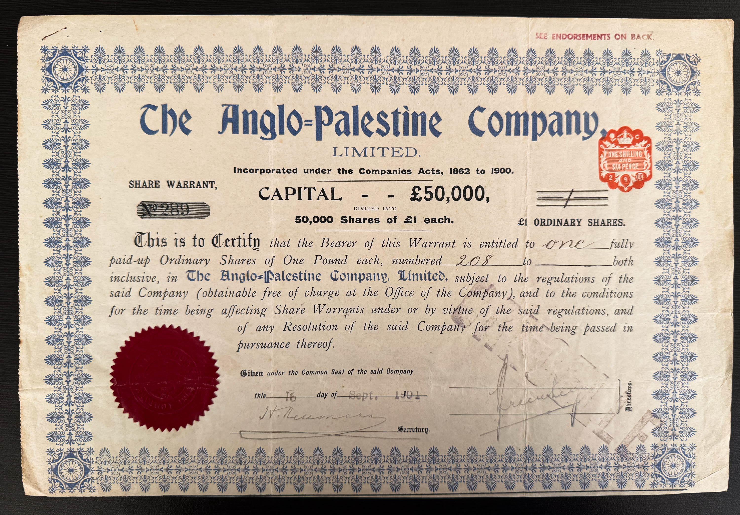 Palestine - Anglo-Palestine Company Ltd. Share Certificate - 1901 - One of the Earliest Issued - 1 0