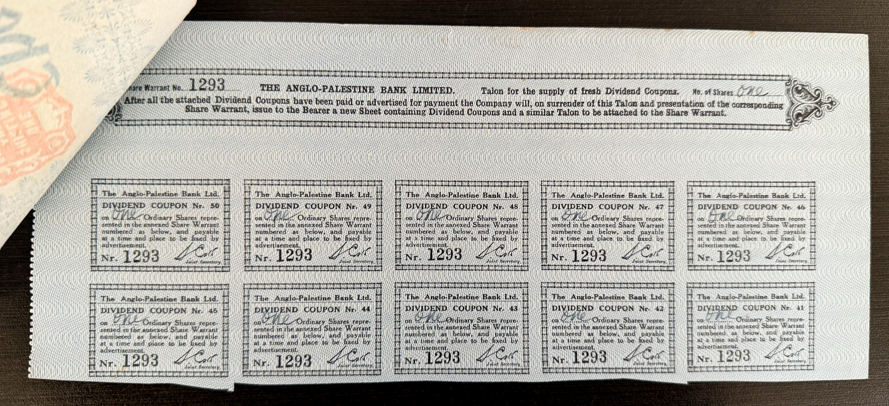 Palestine - Two Share Certificates of the Anglo-Palestine Company Ltd. - 1908/1909 - Second Series with Capital ... - 1 5