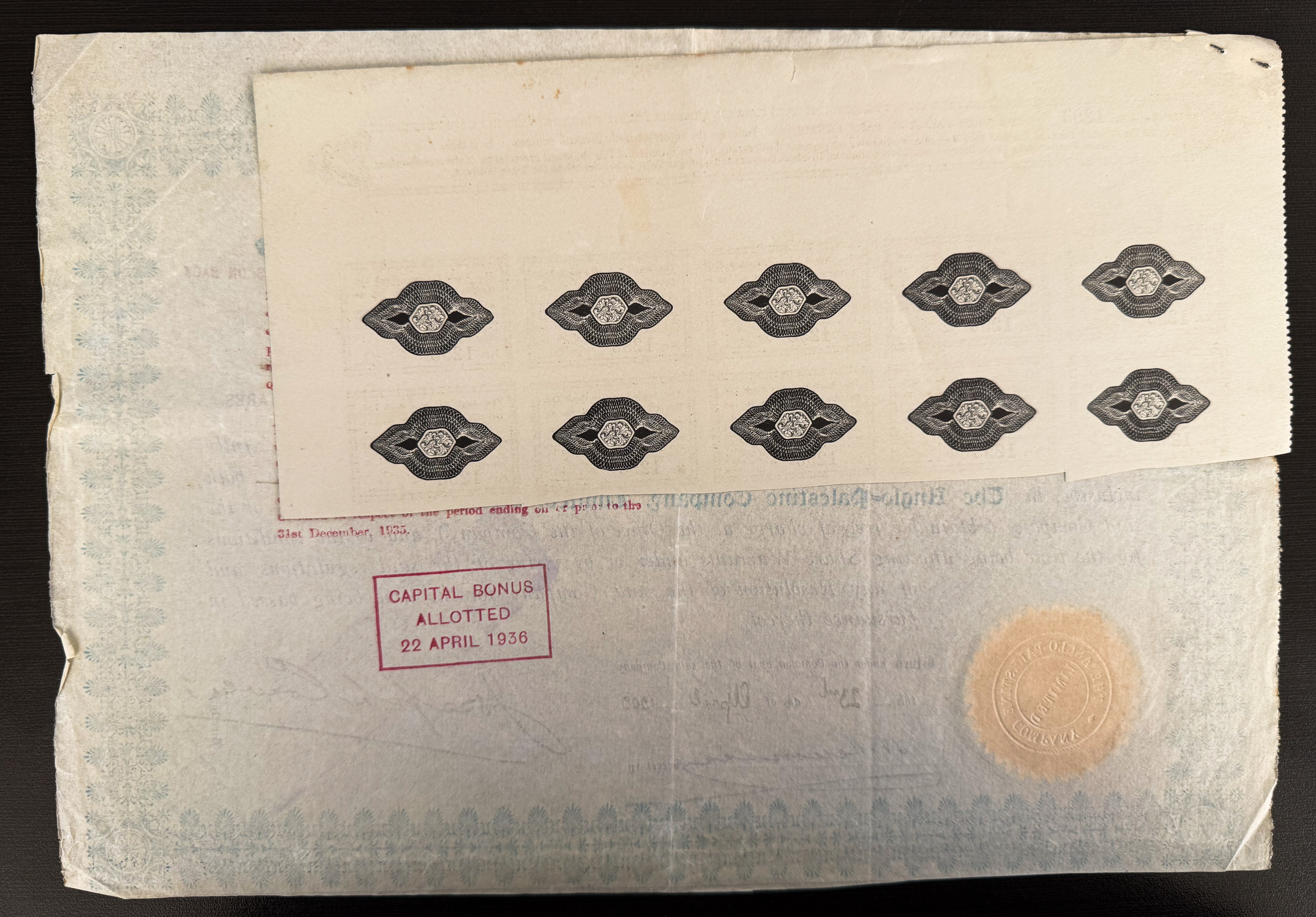 Palestine - Two Share Certificates of the Anglo-Palestine Company Ltd. - 1908/1909 - Second Series with Capital ... - 1 6