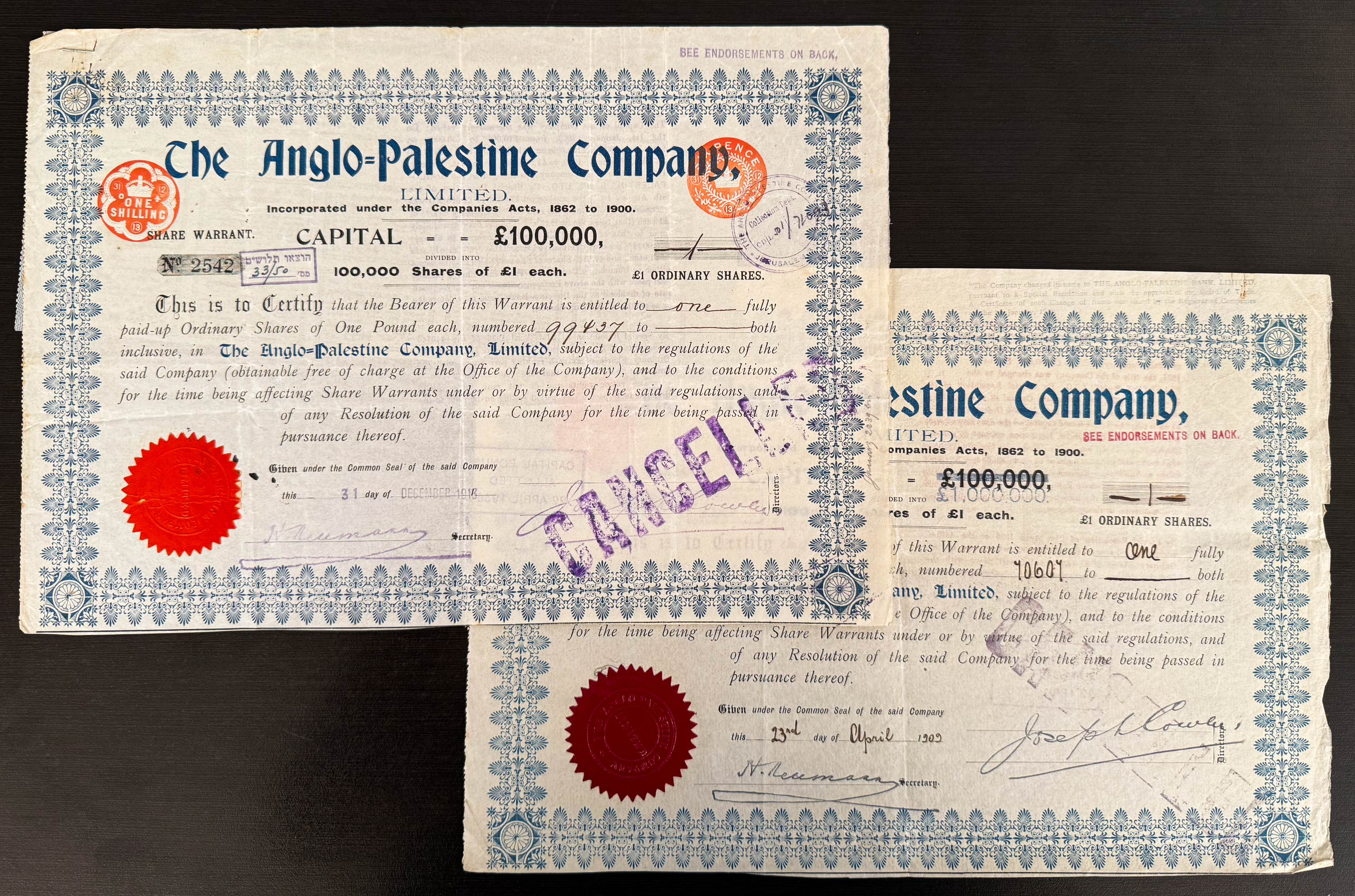 Palestine - Two Share Certificates of the Anglo-Palestine Company Ltd. - 1908/1909 - Second Series with Capital ... - 1 0