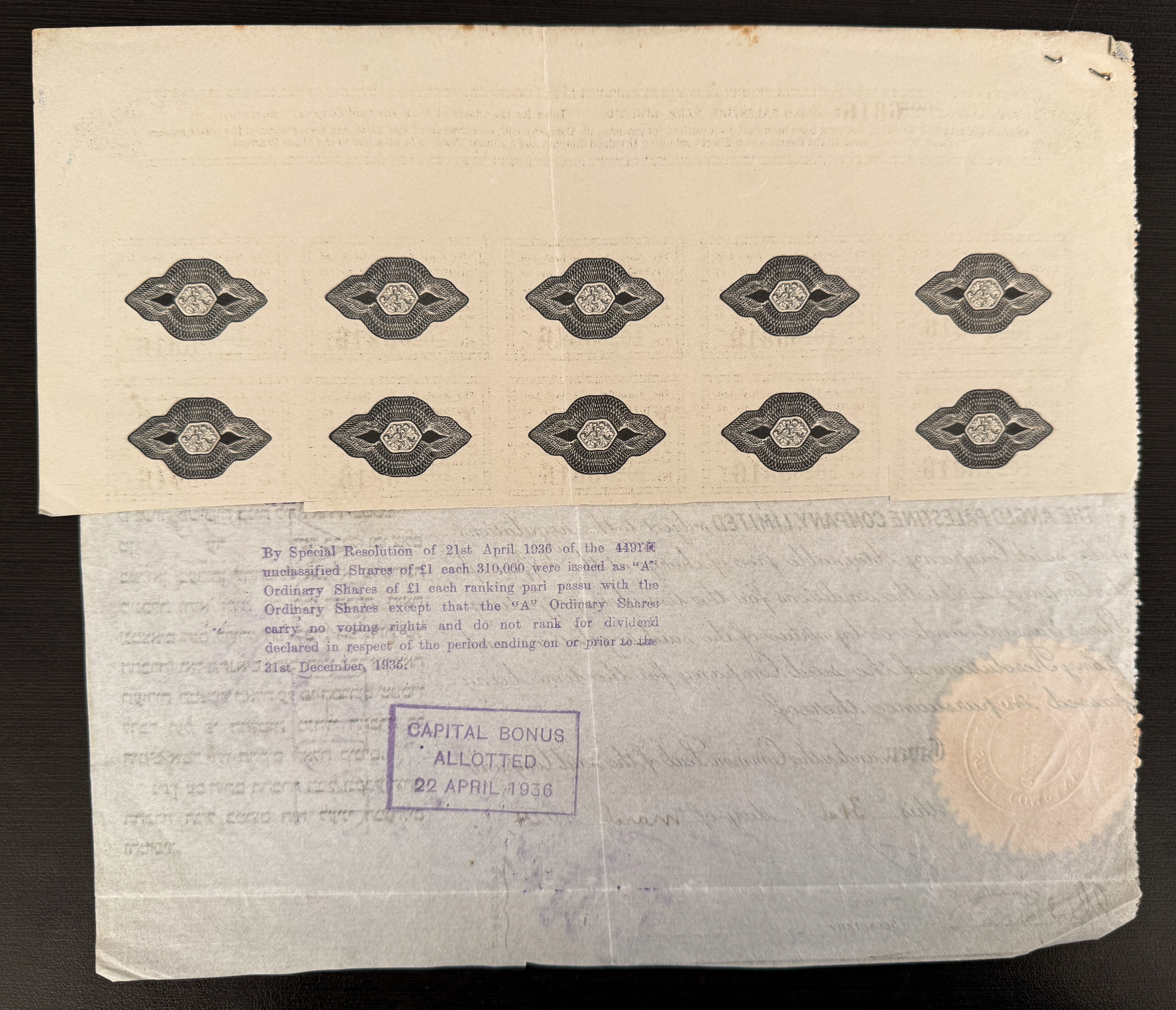 Palestine - Two Share Certificates (Fourth Series) of the Anglo-Palestine Company Ltd. - 1924/1932 - Ordinary Share ... - 1 3
