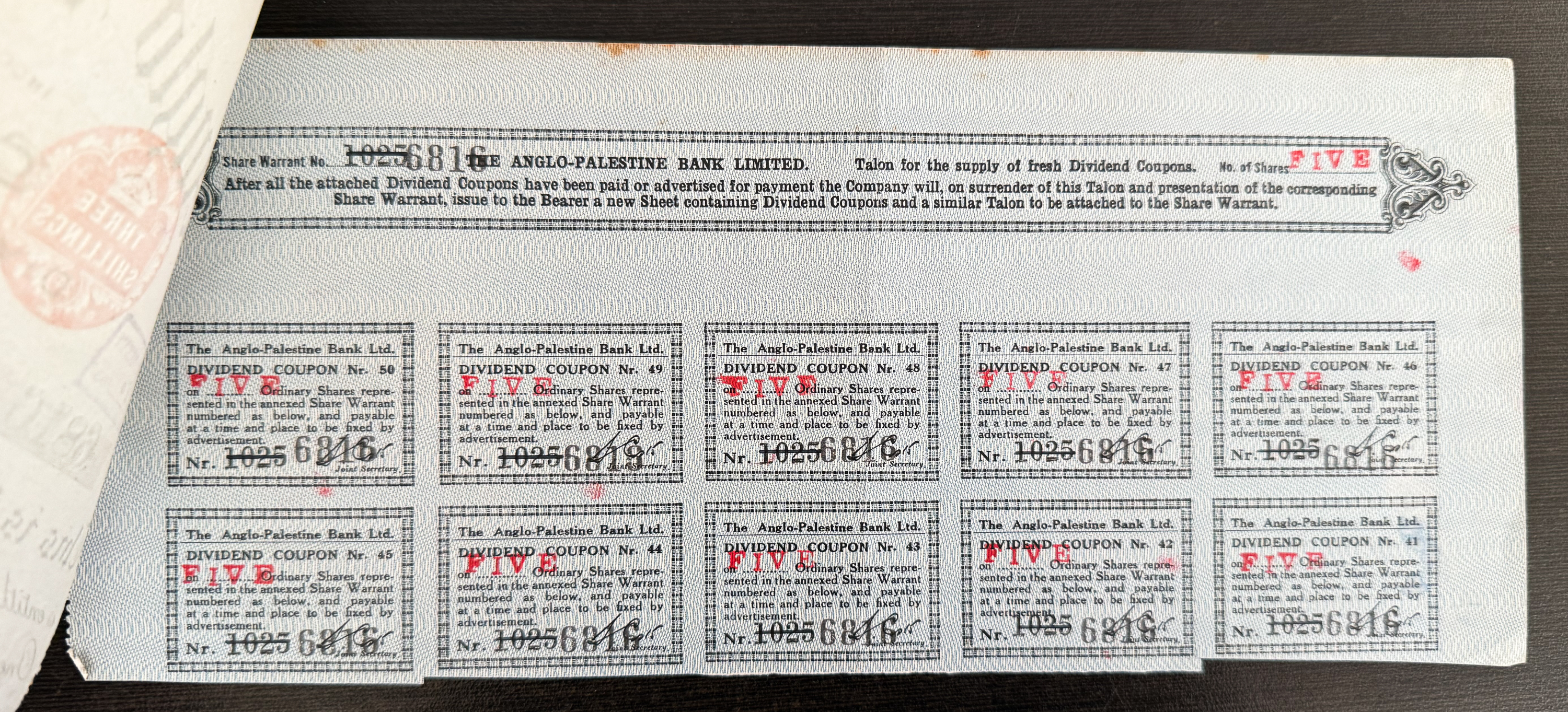 Palestine - Two Share Certificates (Fourth Series) of the Anglo-Palestine Company Ltd. - 1924/1932 - Ordinary Share ... - 1 2