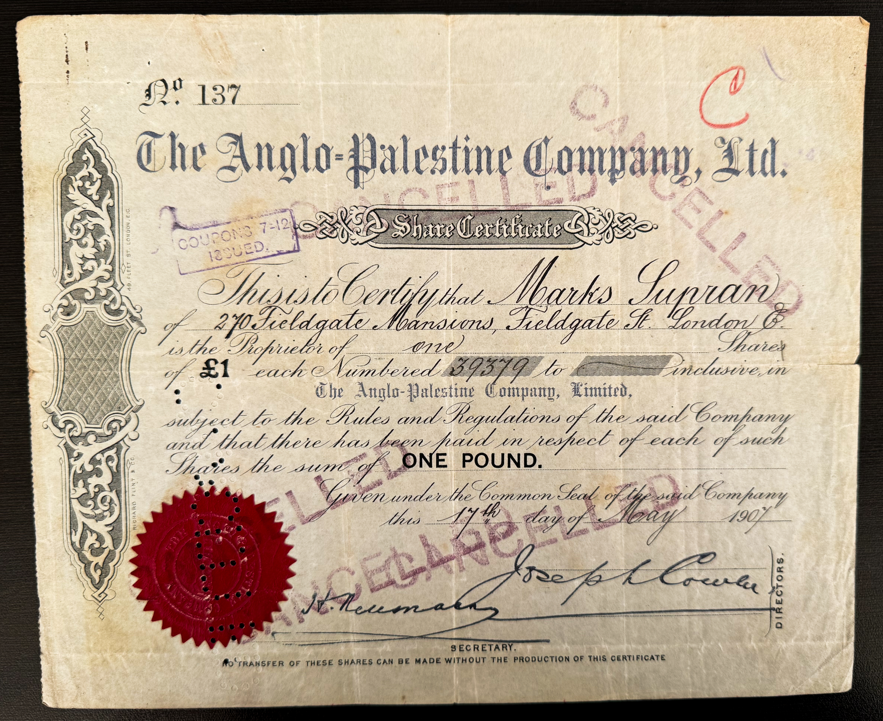 Palestine - Anglo-Palestine Company Ltd. Share Certificate - 1907 - Third Series - Printed on Rice Paper - 1 0