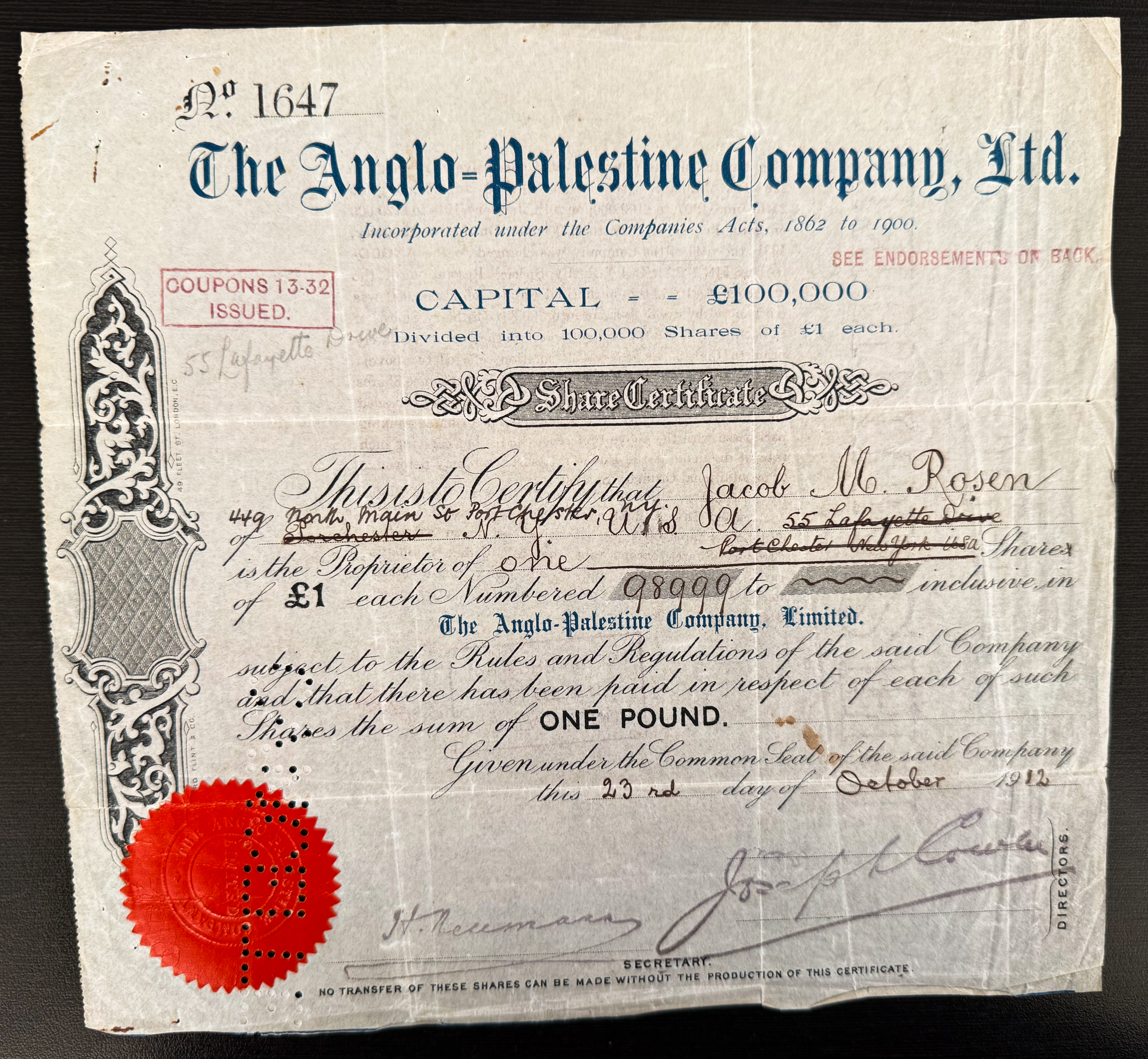 Palestine - Two Share Certificates of the Anglo-Palestine Company Ltd. - 1910/1912 - Third Series - Printed on Rice ... - 1 1