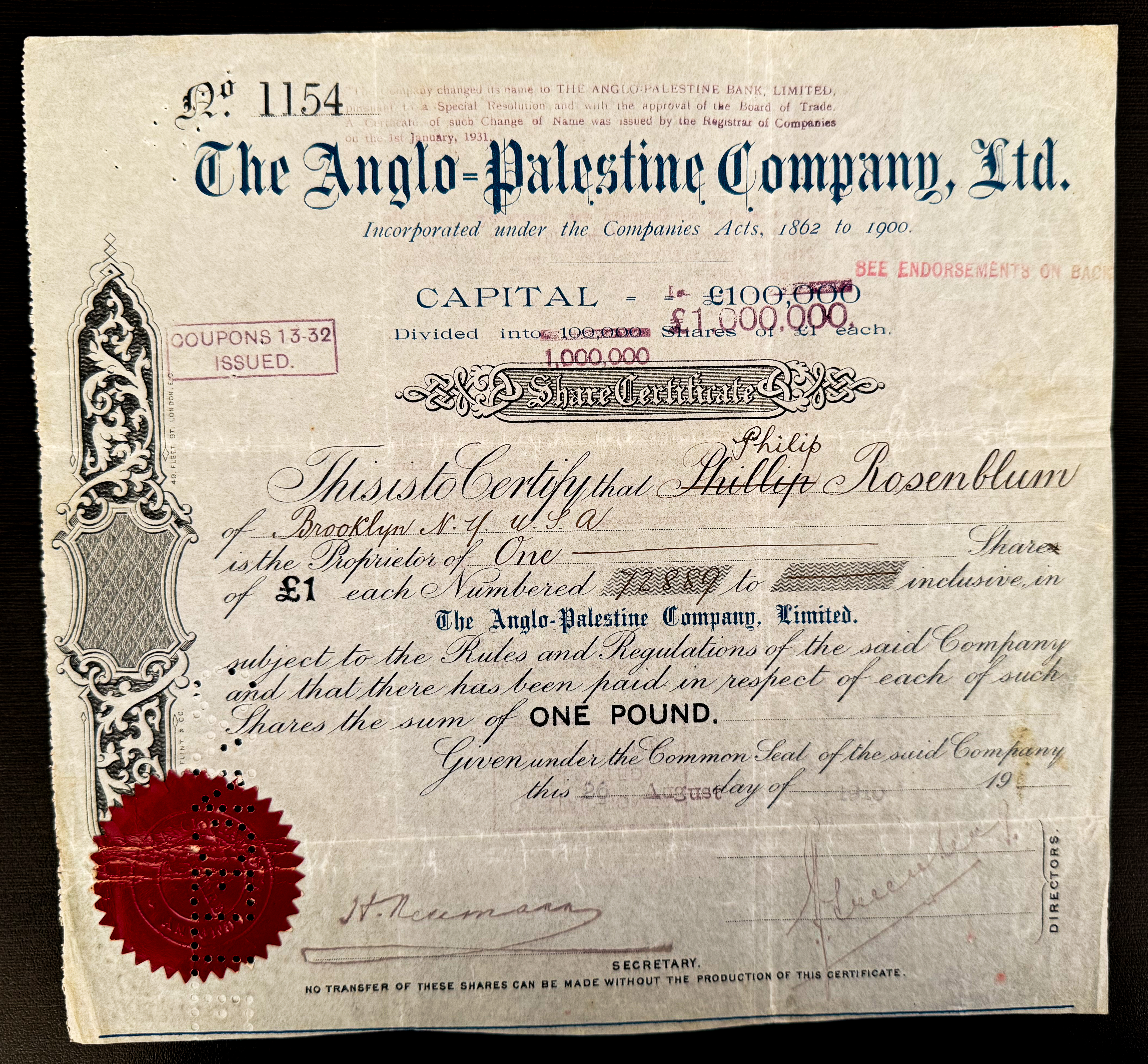 Palestine - Two Share Certificates of the Anglo-Palestine Company Ltd. - 1910/1912 - Third Series - Printed on Rice ... - 1 3
