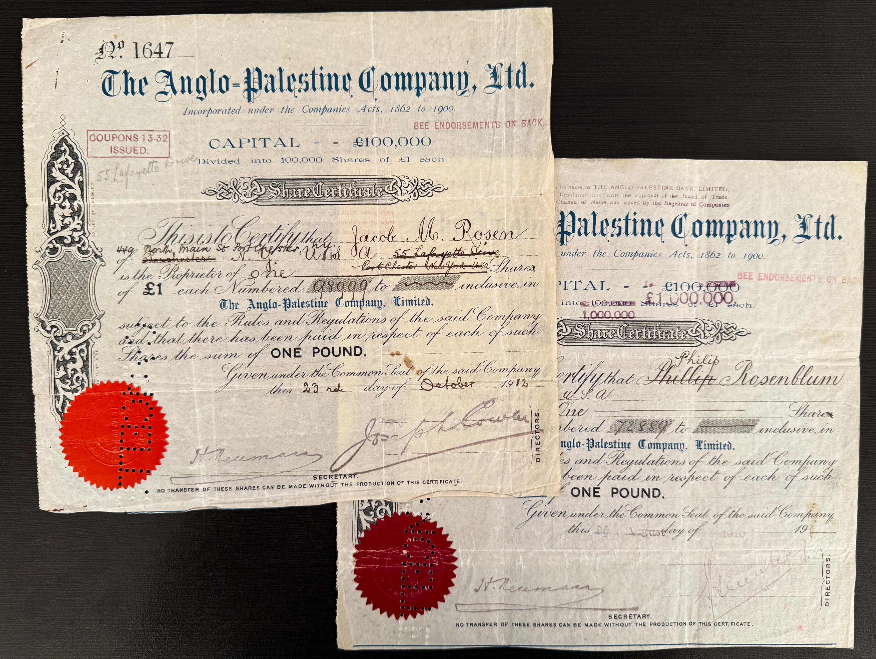 Palestine - Two Share Certificates of the Anglo-Palestine Company Ltd. - 1910/1912 - Third Series - Printed on Rice ... - 1 0