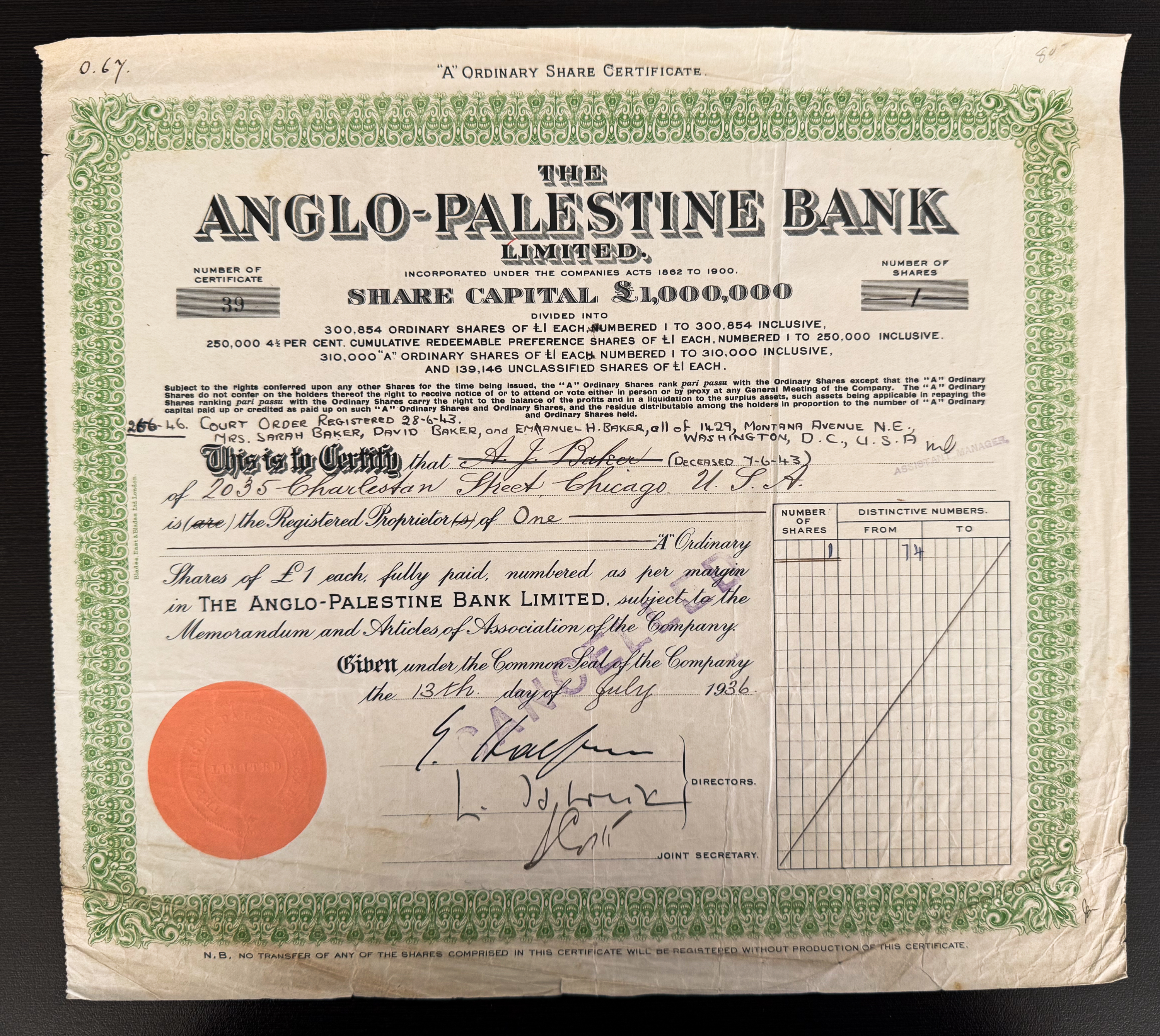 Palestine - The Anglo-Palestine Bank Ltd. Share Certificate - 1936 - Large Format - 1 0