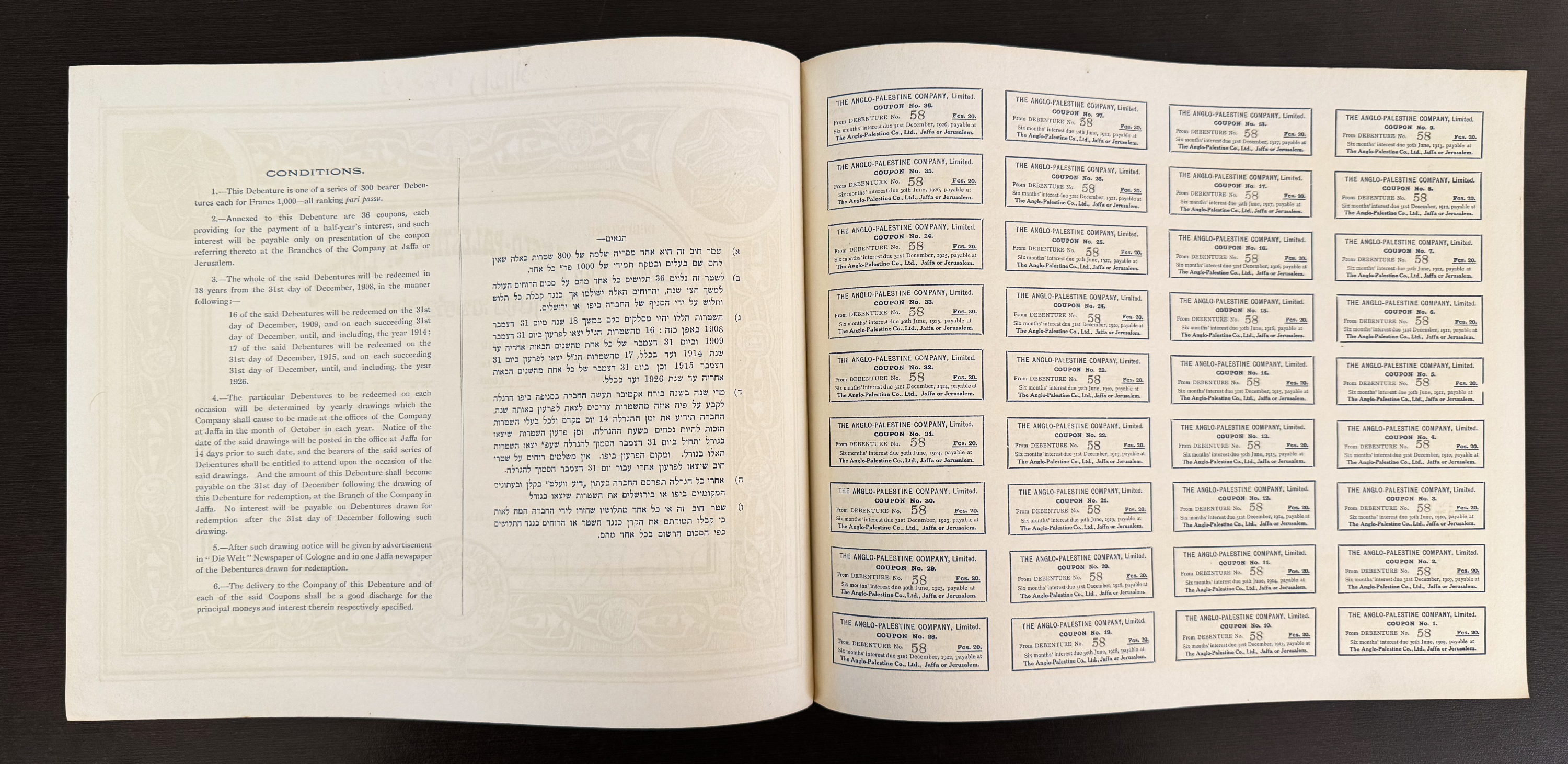 Palestine - The Anglo-Palestine Company Ltd. Debenture for the Jewish National Fund - 1909 - Bezalel Design - 1 2