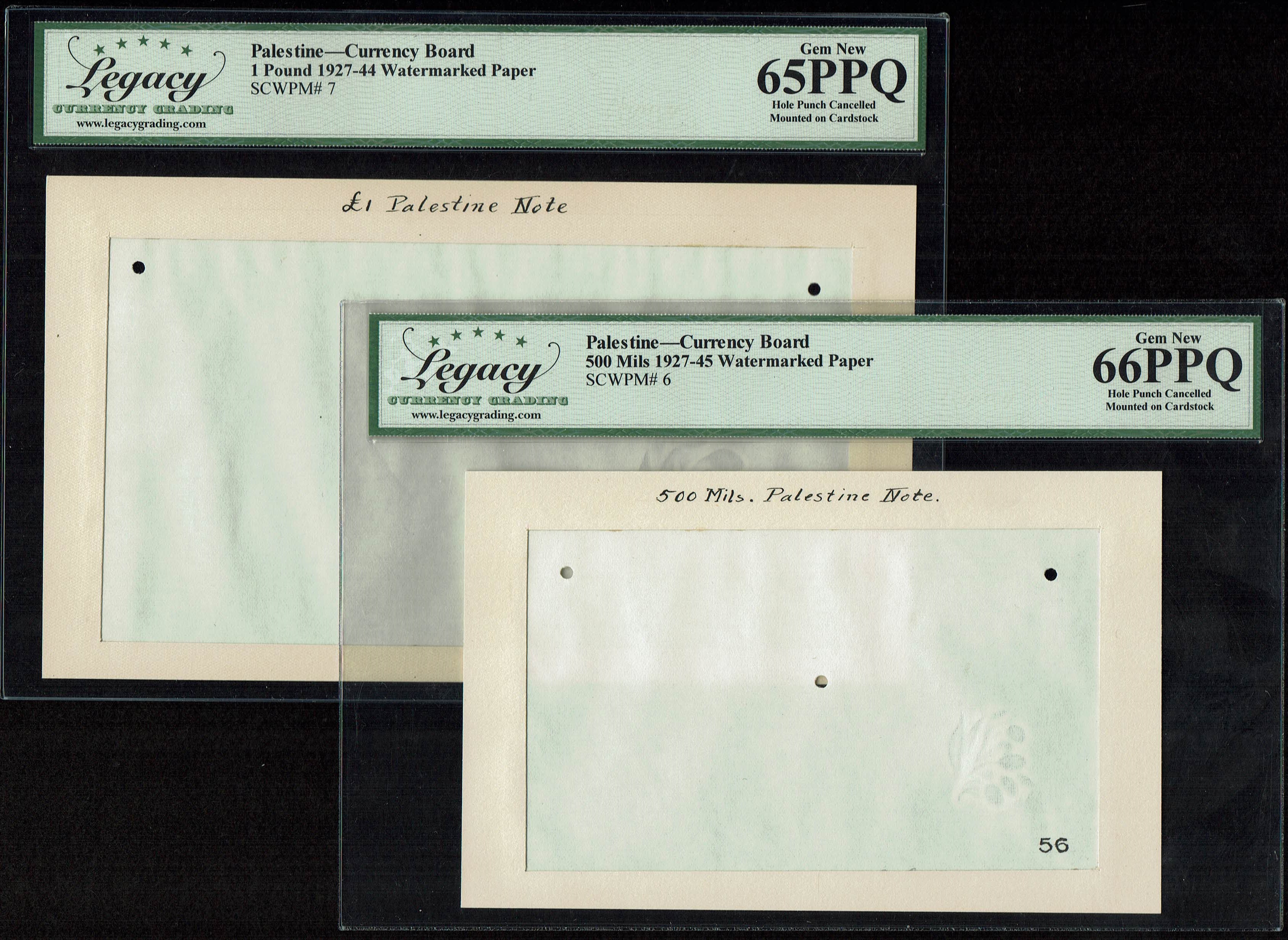 Palestine – Pair of Watermark Papers for 500 Mils and 1 Pound Banknotes – Portals Paper Archive – Legacy 65, 66 EPQ ... - 1 0