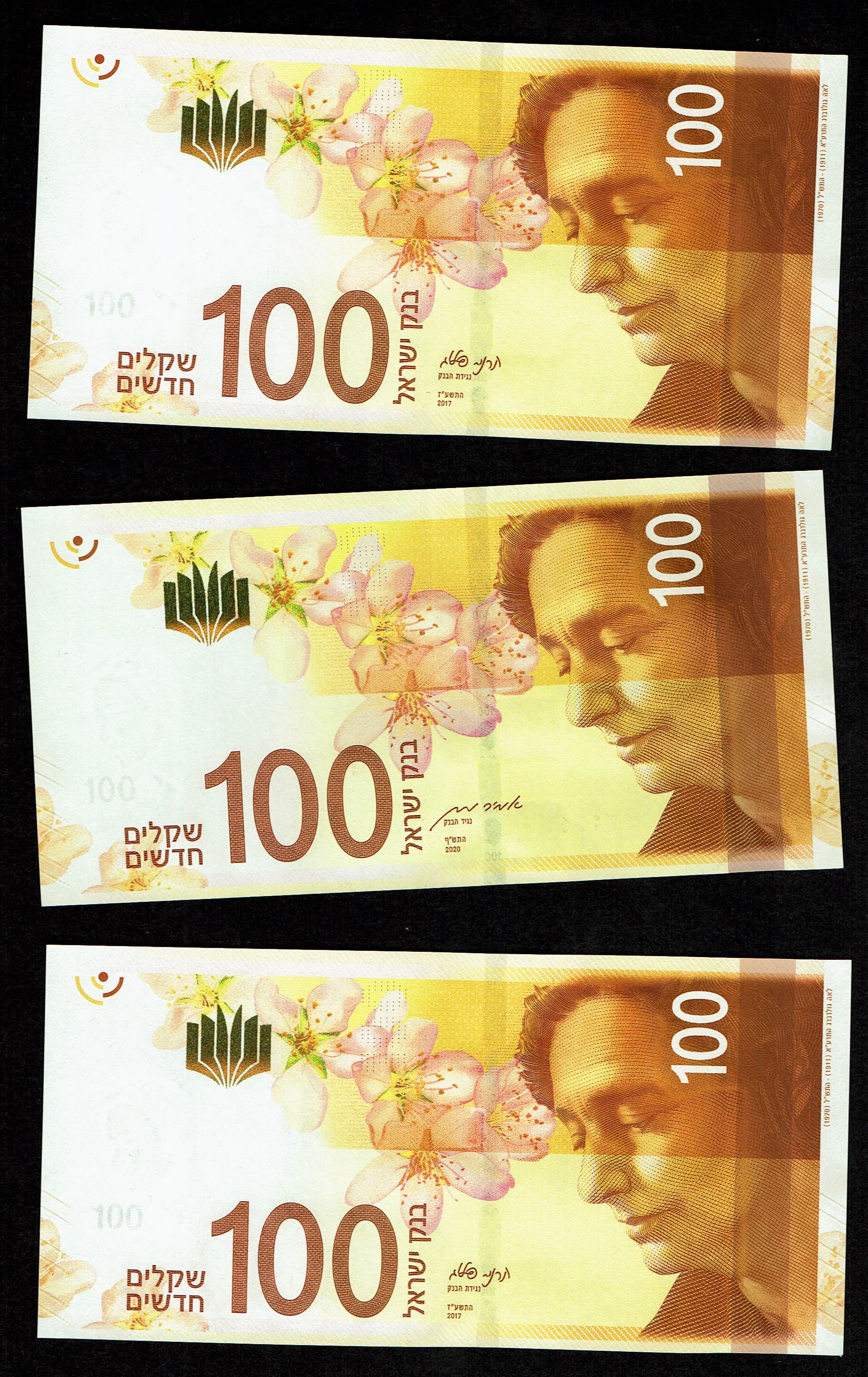 Israel - Lot of 9 Banknotes of 100 Shekels 2017, 2020 - "New Shekel Series C" - UNC - 1 3